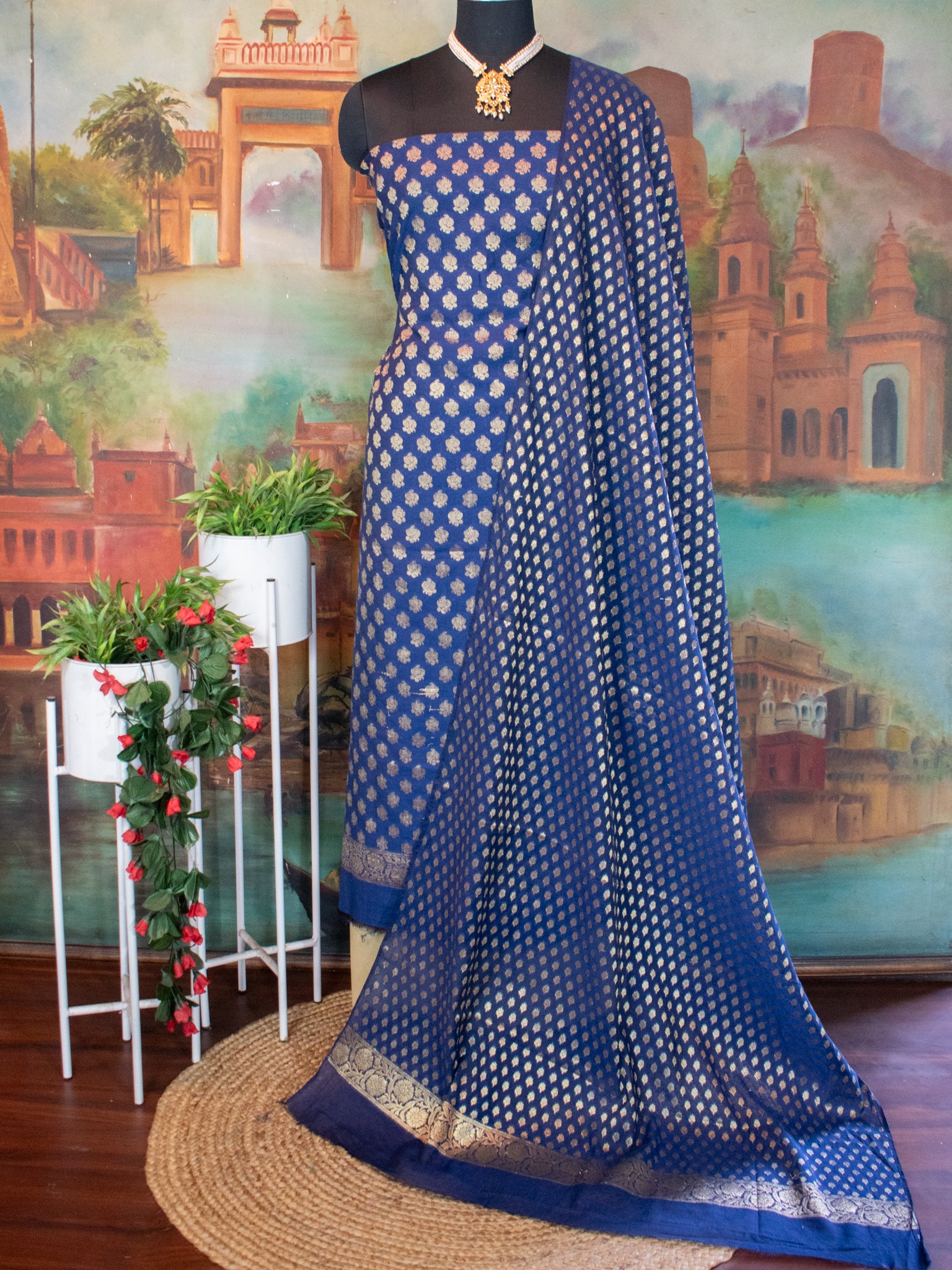 Banarasi Cotton Silk Salwar Kameez With Buti Weaving & Dupatta- Navy Blue