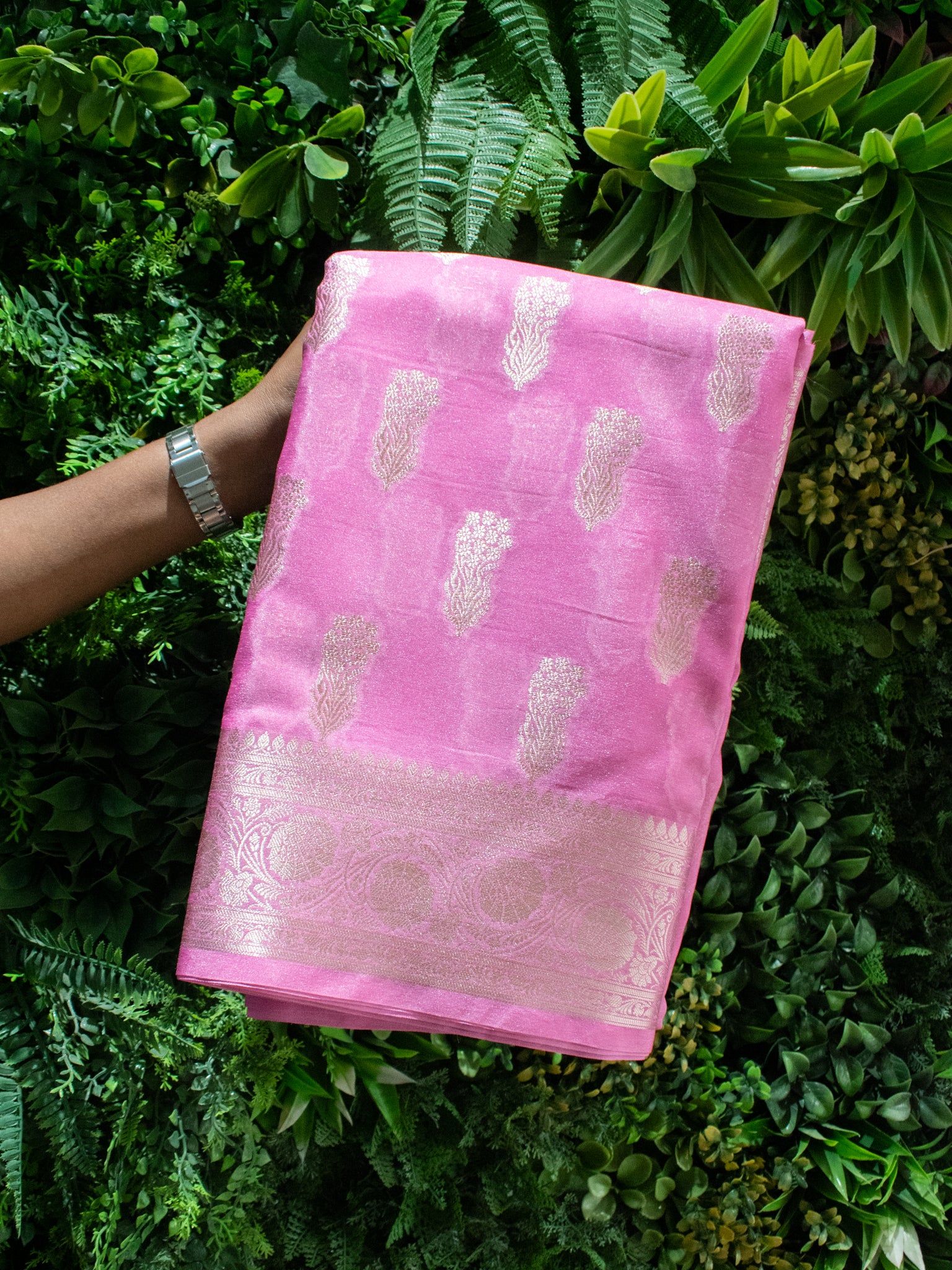 Banarasi Semi Silk Saree With Silver Zari Weaving & Border-Pink