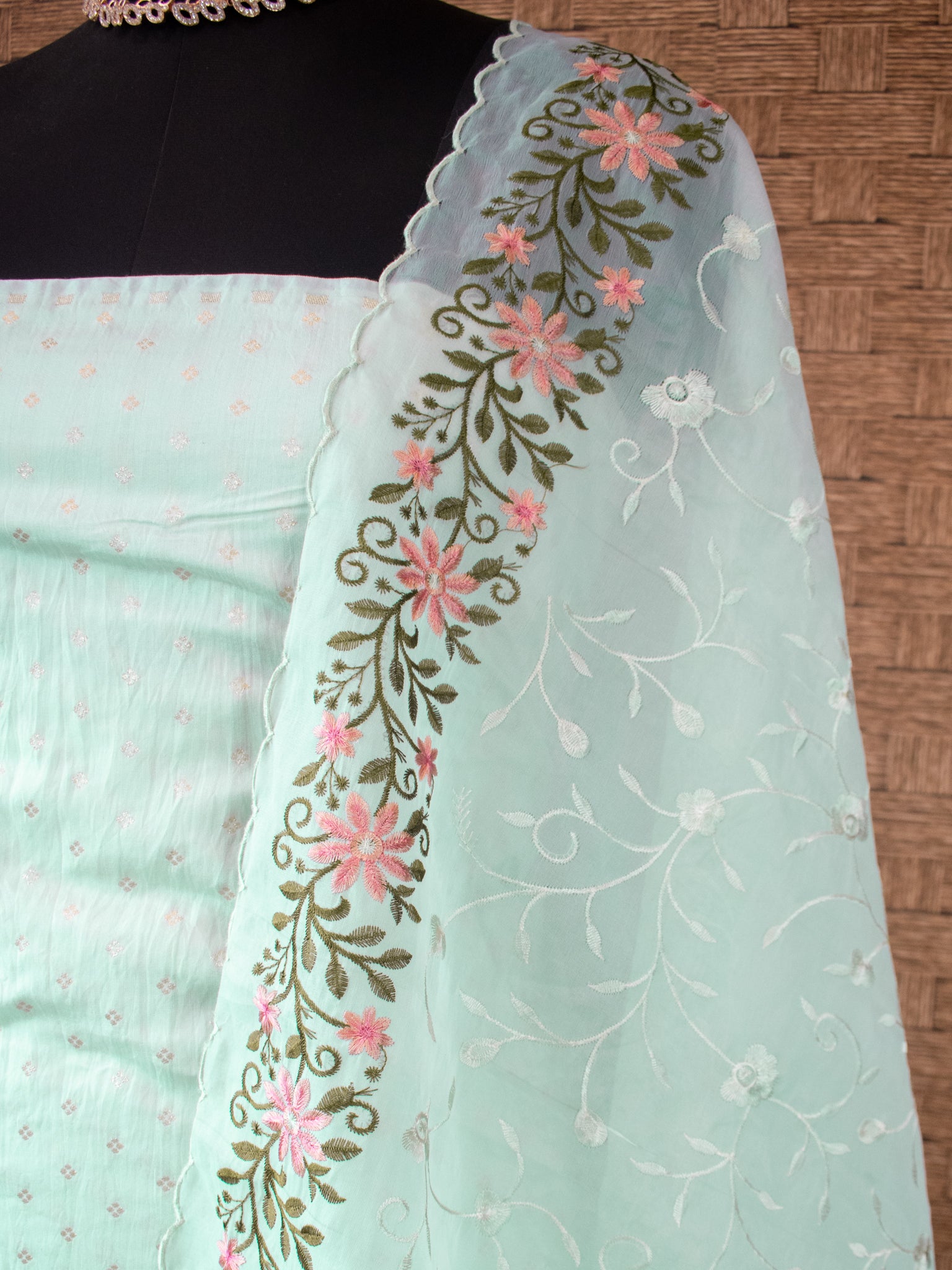 Banarasi Modal Salwar Kameez Fabric With Organza Dupatta- Blue