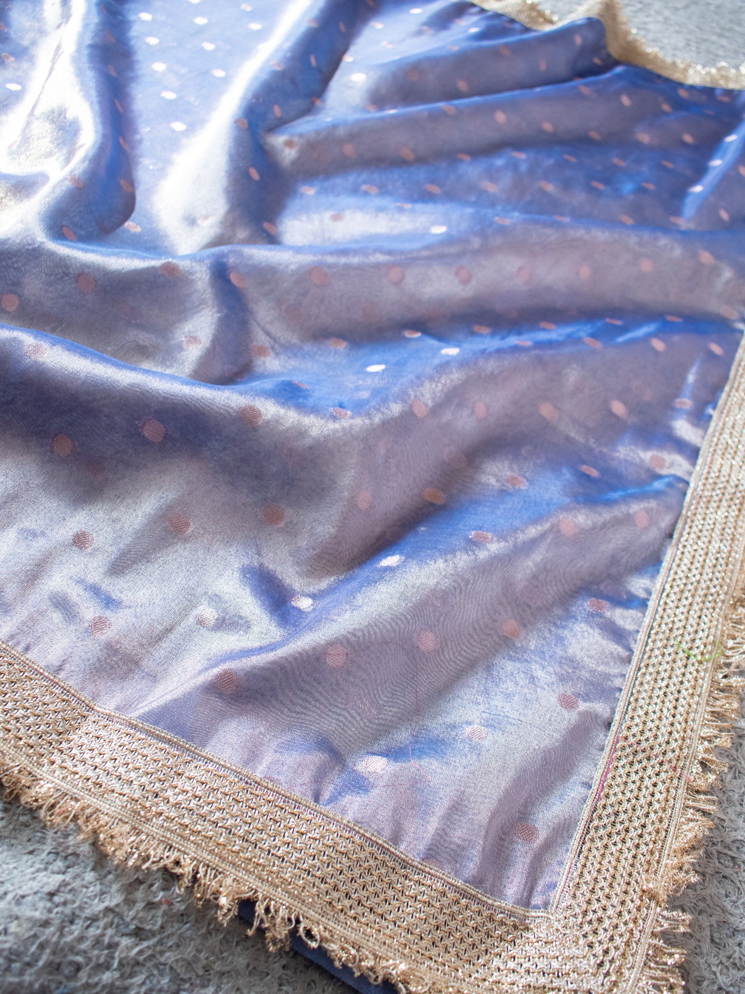 Banarasi Tissue Saree With Buti Weaving & Lace Border - Blue