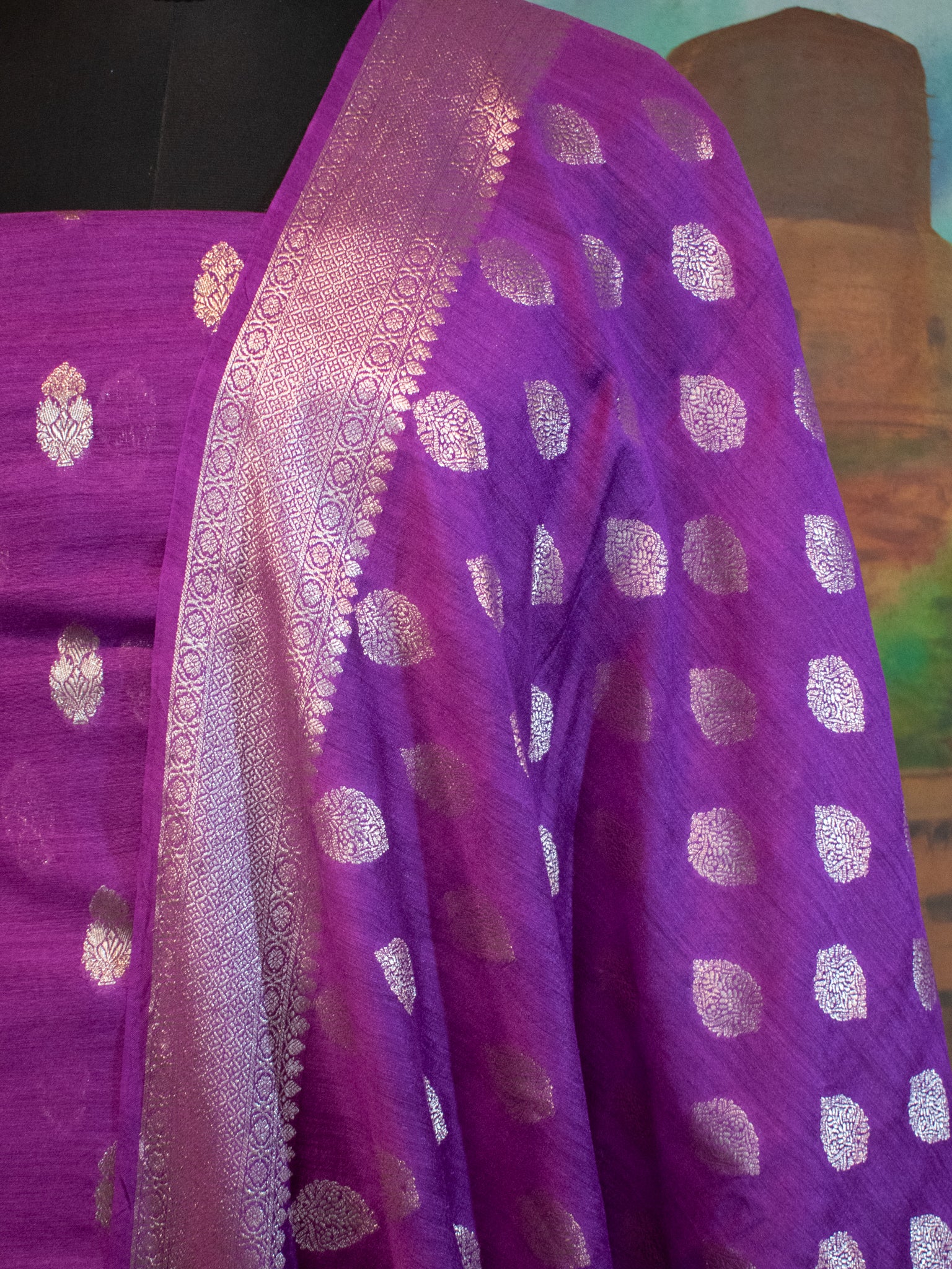 Banarasi Pure Muga Silk Salwar Kameez- Violet