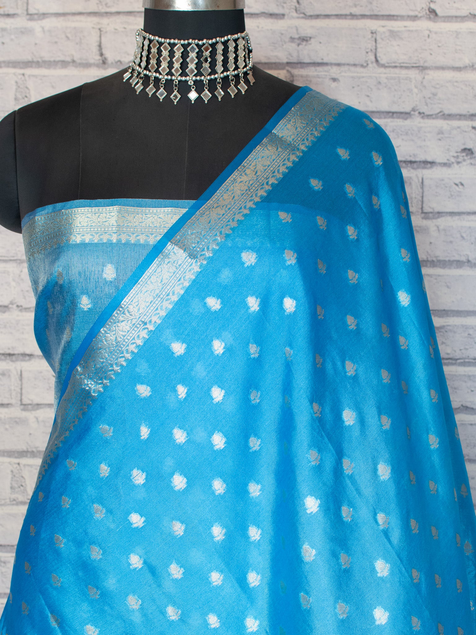 Banarasi Kora Saree With Zari Weaving & Meena Border-Blue