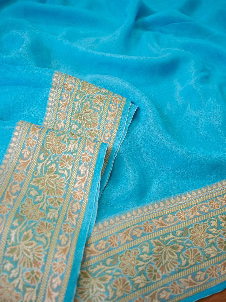 Banarasi Pure Georgette Plain Saree With Antique Zari Floral Border-Blue