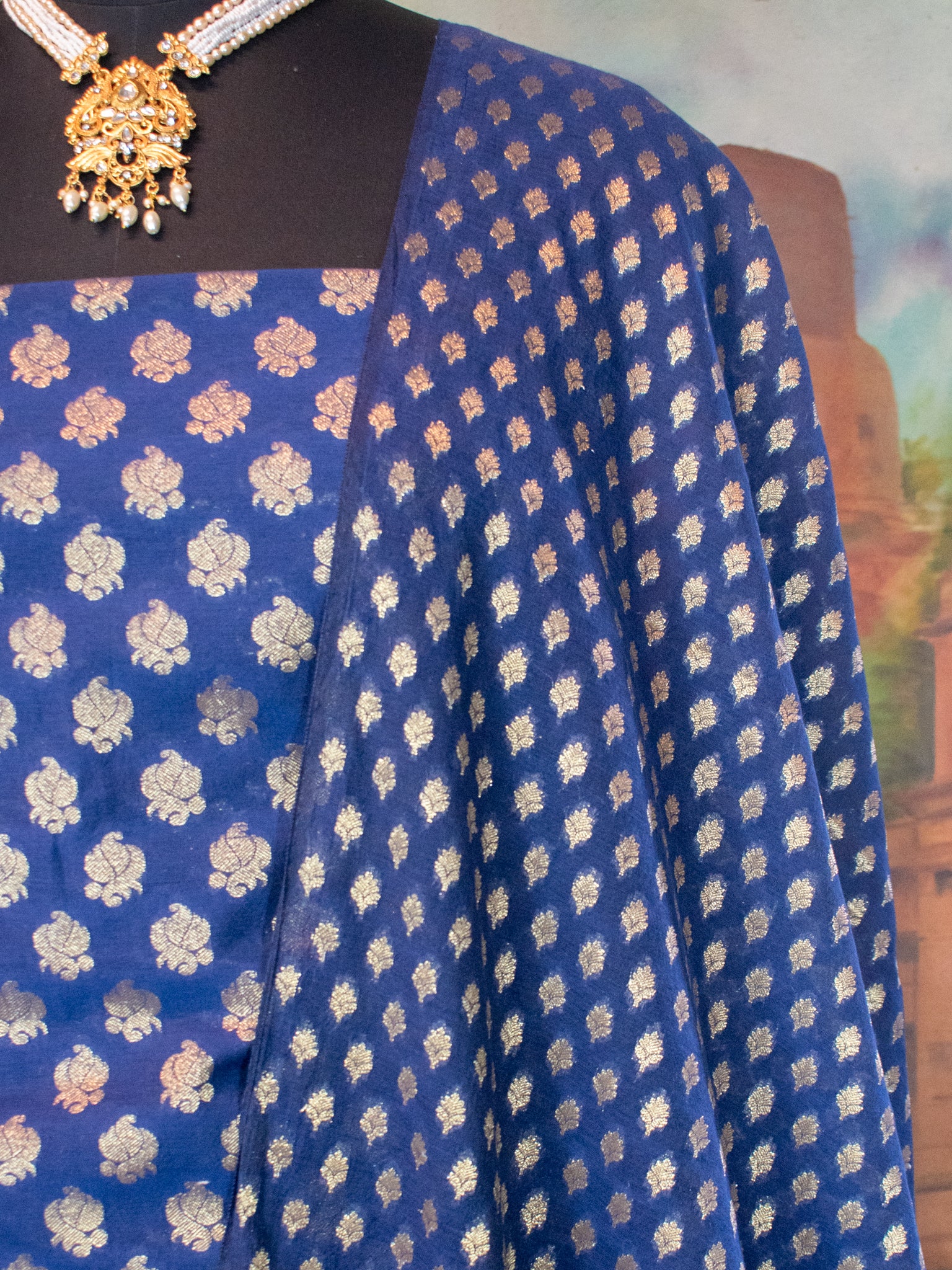Banarasi Cotton Silk Salwar Kameez With Buti Weaving & Dupatta- Navy Blue