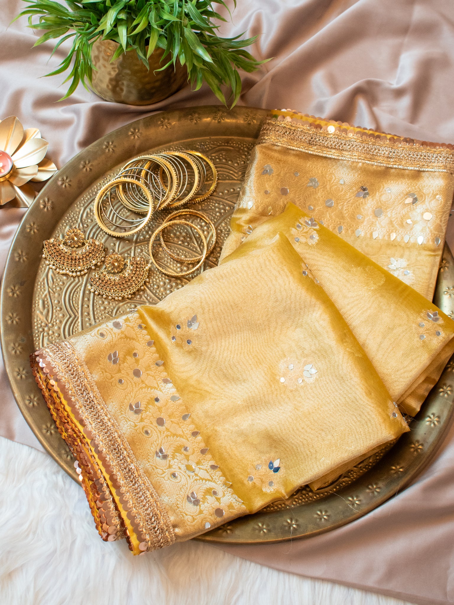 Banarasi Tissue Saree With Mirror Work & Lace Border- Yellow