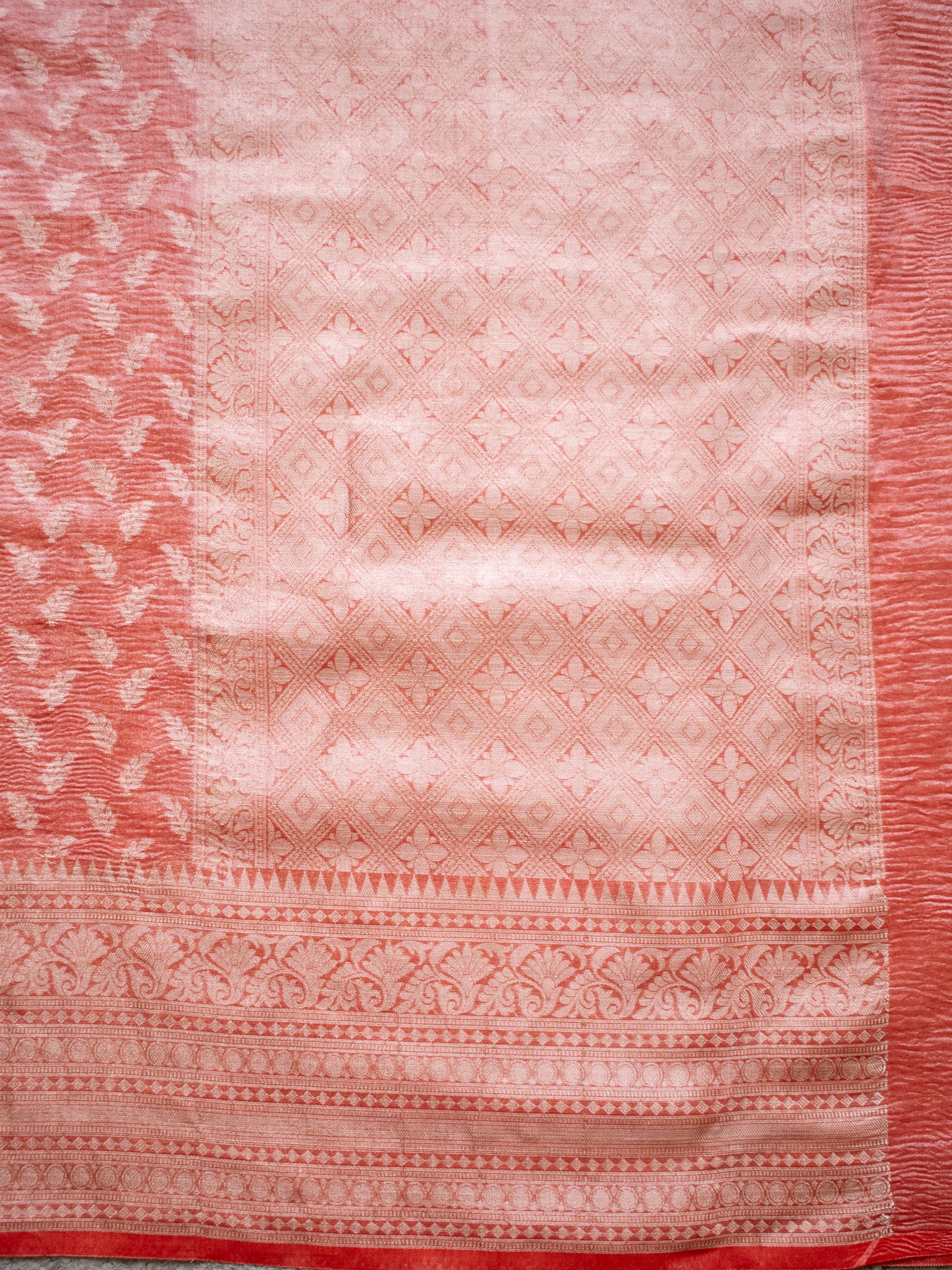 Banarasi Crushed Tissue Saree With Zari Buti Weaving & Border- Red