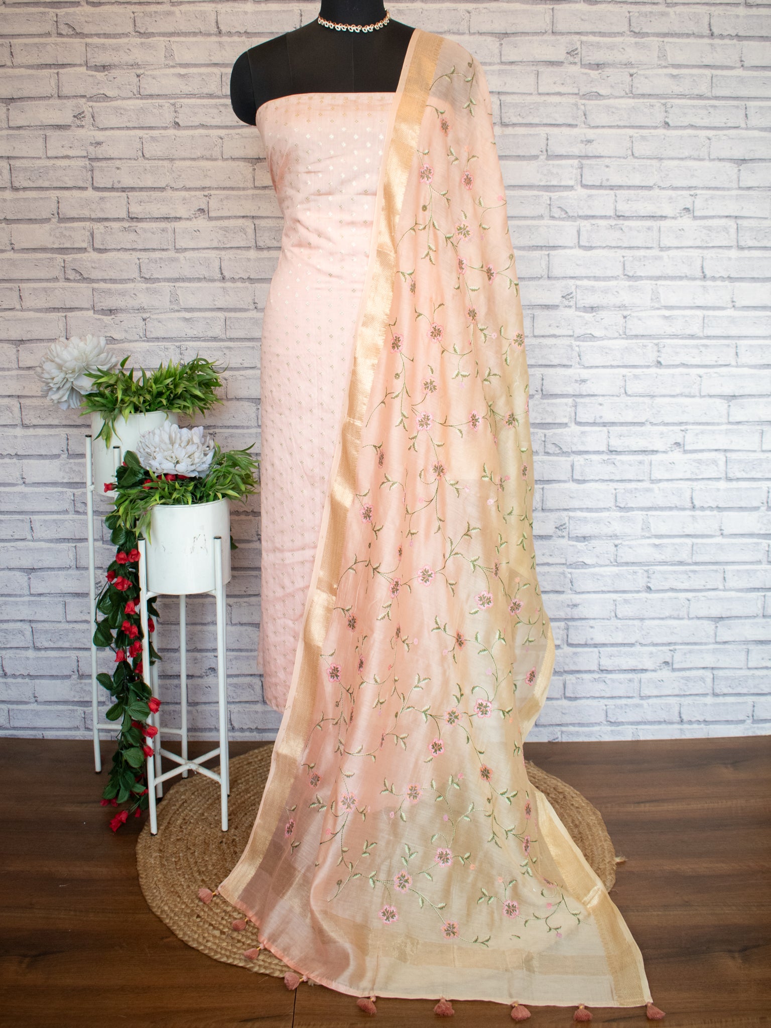 Banarasi Pure Chanderi Salwar Kameez Fabric With Embroidered Dupatta-Peach