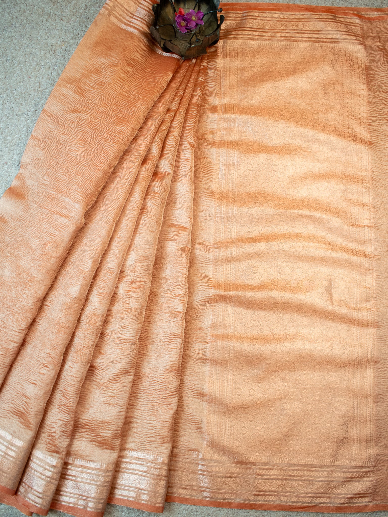 Banarasi Crushed Tissue Saree With Zari Border- Orange