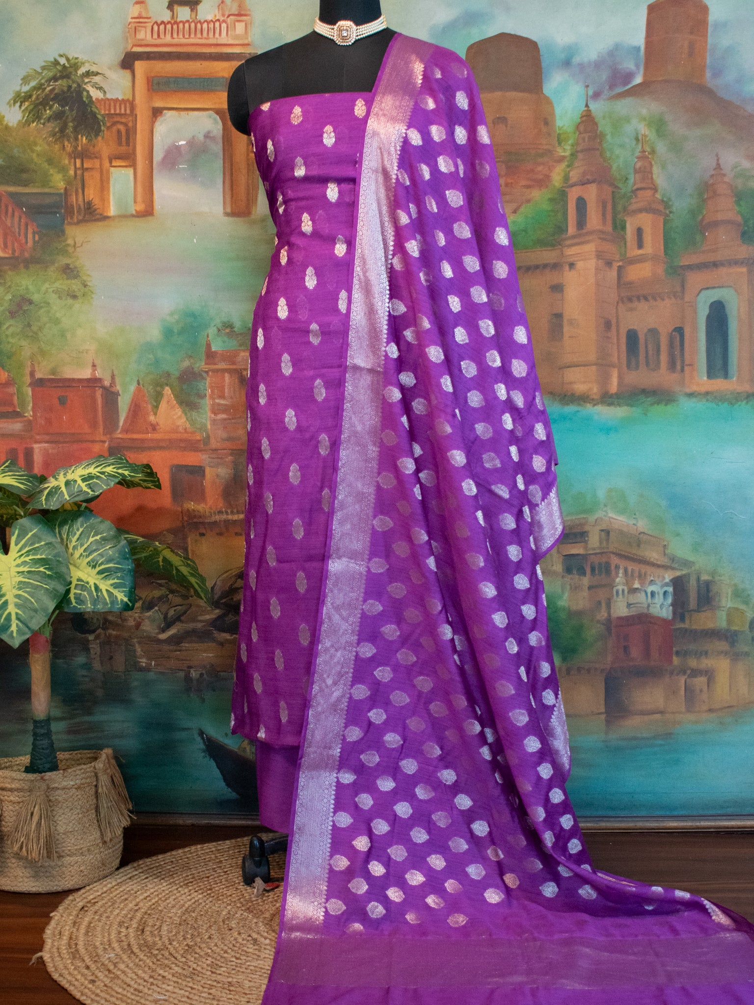 Banarasi Pure Muga Silk Salwar Kameez- Violet