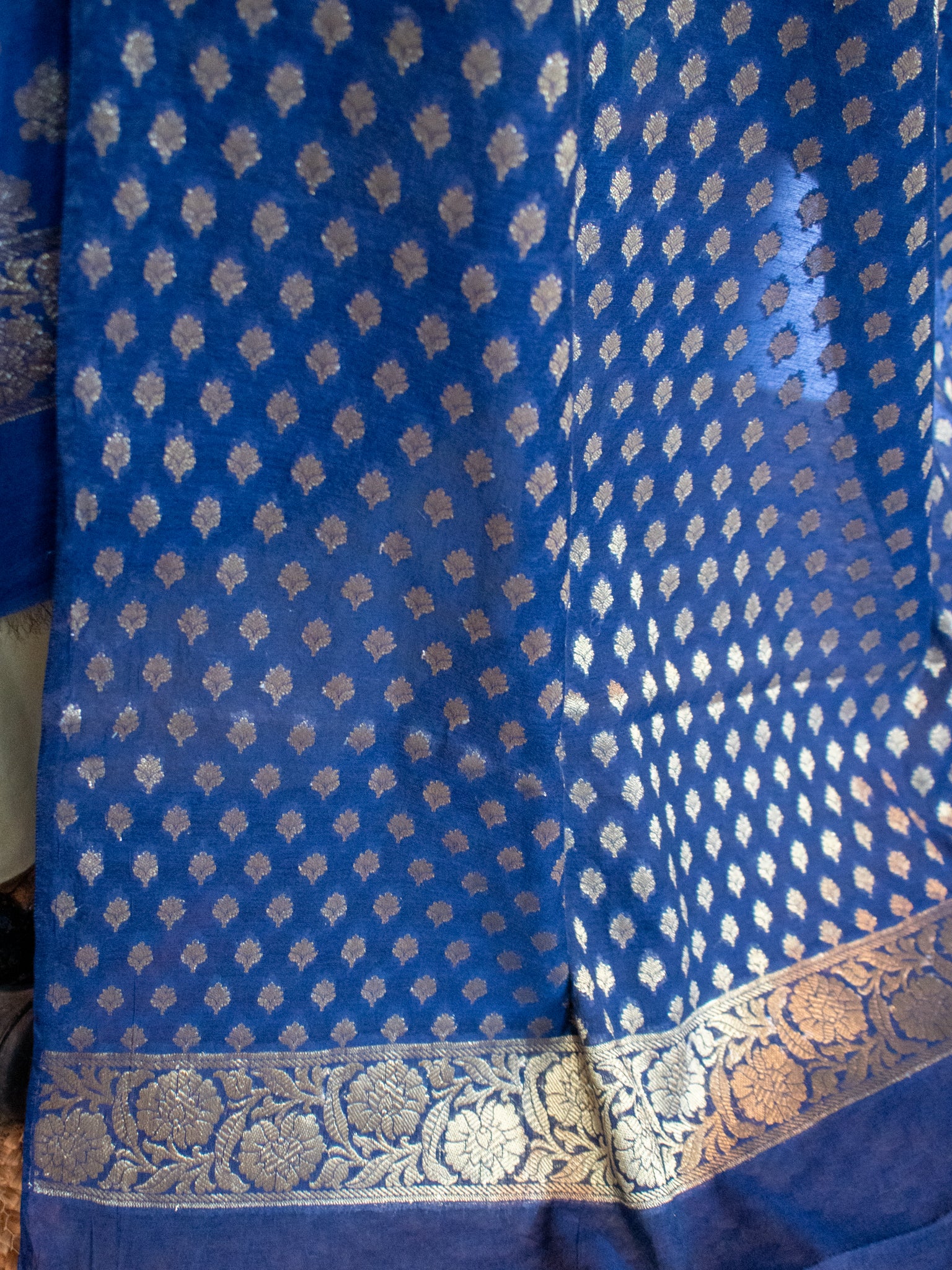 Banarasi Cotton Silk Salwar Kameez With Buti Weaving & Dupatta- Navy Blue