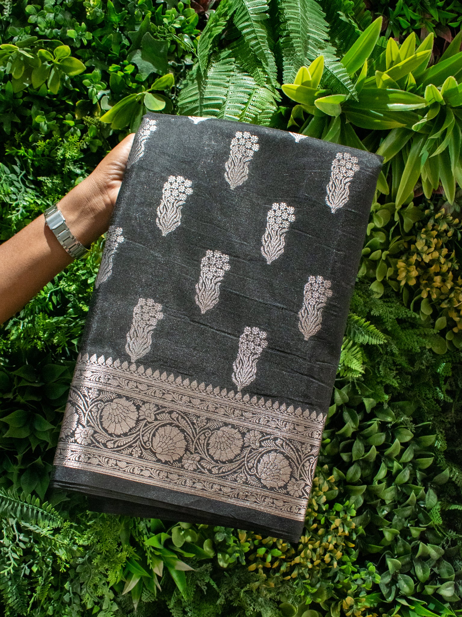 Banarasi Semi Silk Saree With Silver Zari Weaving & Border- Black