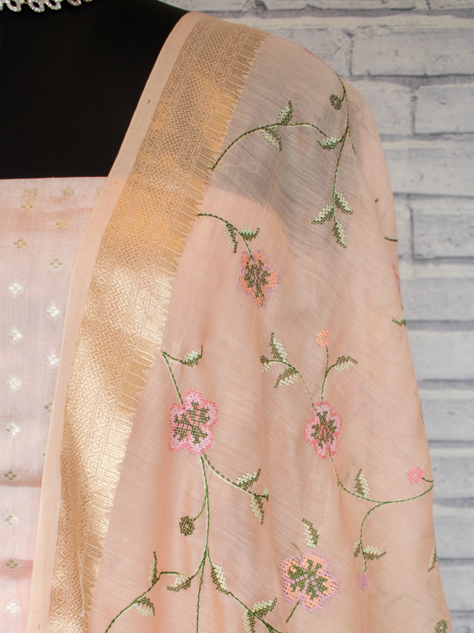 Banarasi Pure Chanderi Salwar Kameez Fabric With Embroidered Dupatta-Peach