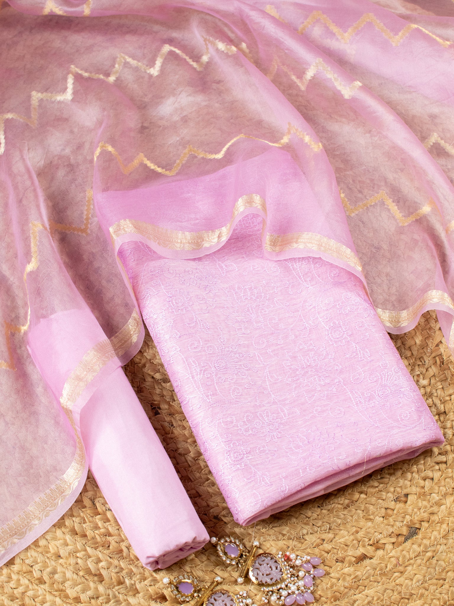 Banarasi Soft Embroidered Cotton Salwar Kameez Fabric With Organza Dupatta- Pink