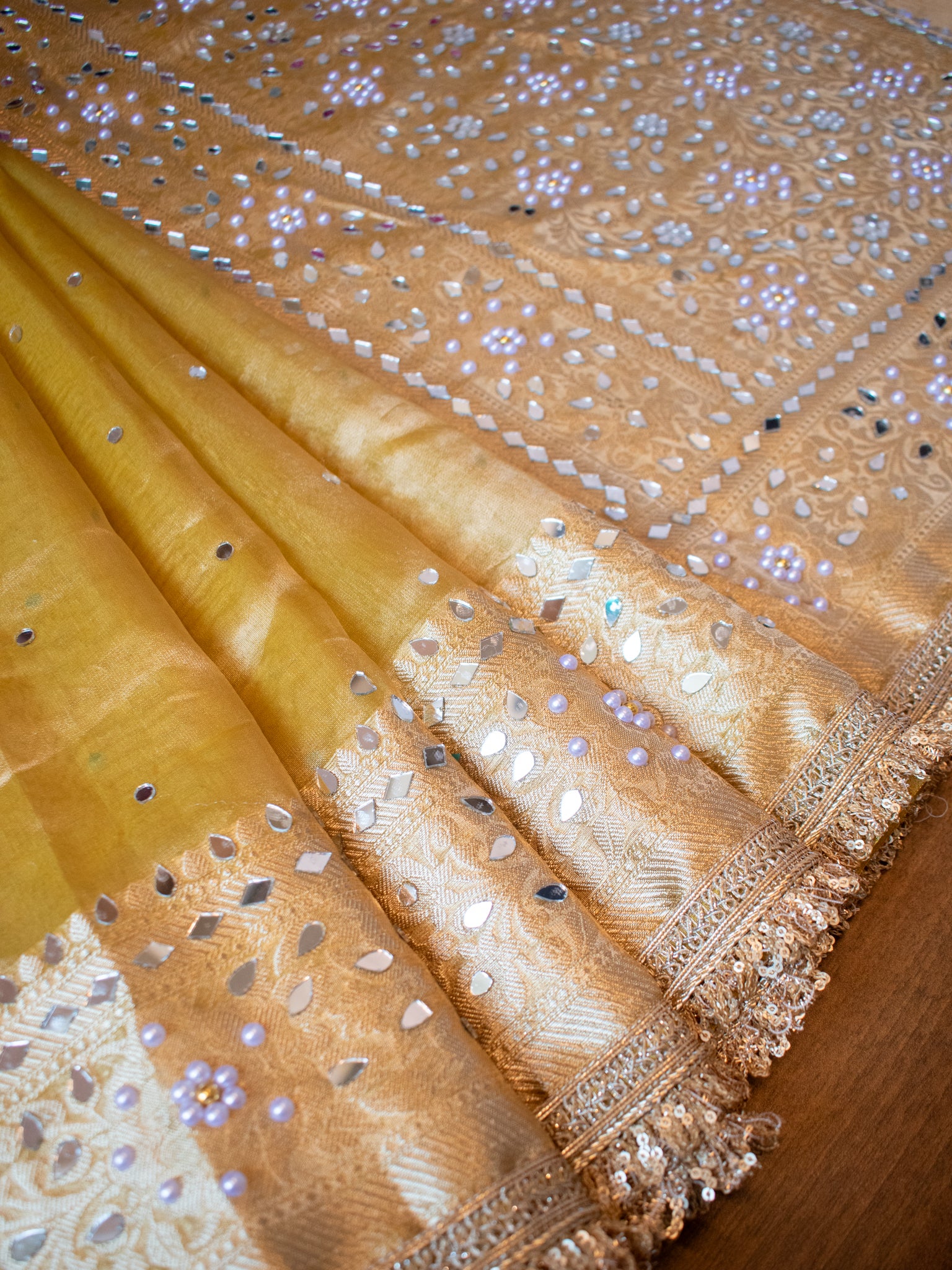 Banarasi Mirror Work Tissue Saree with Lace Border - Yellow