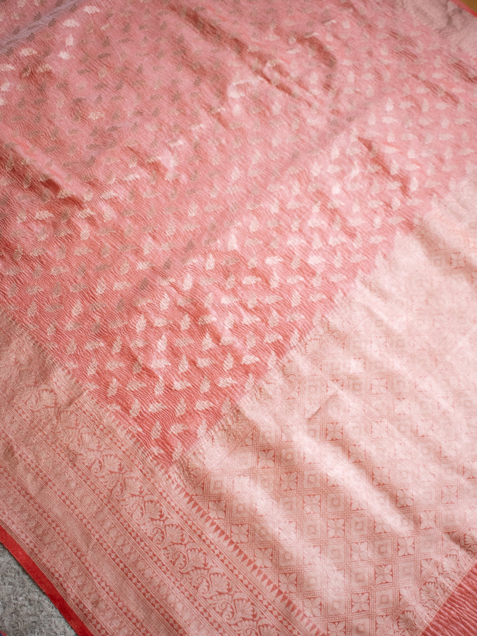Banarasi Crushed Tissue Saree With Zari Buti Weaving & Border- Red