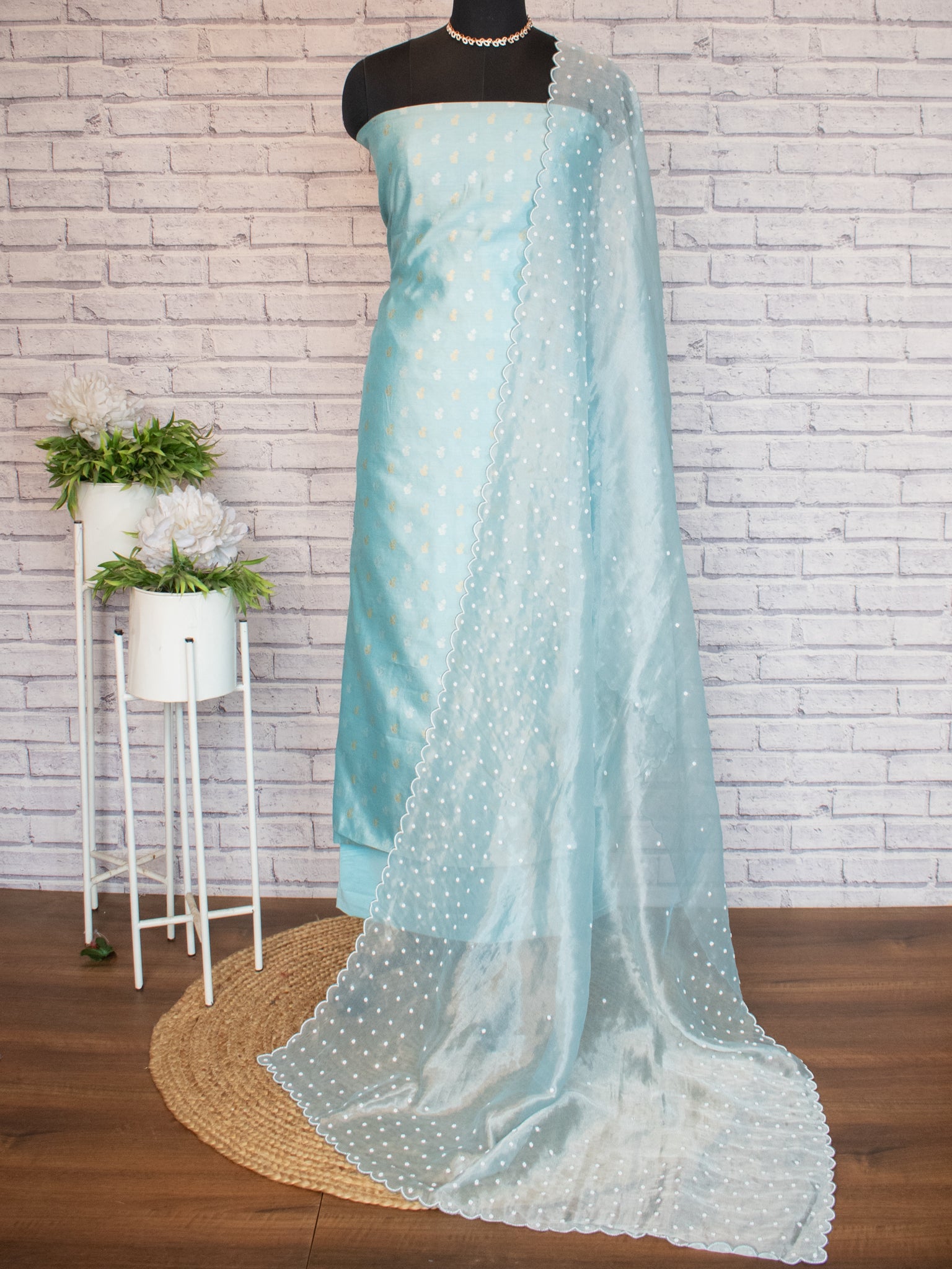 Banarasi Pure Chiniya Salwar Kameez With Tissue Handwork Dupatta- Blue