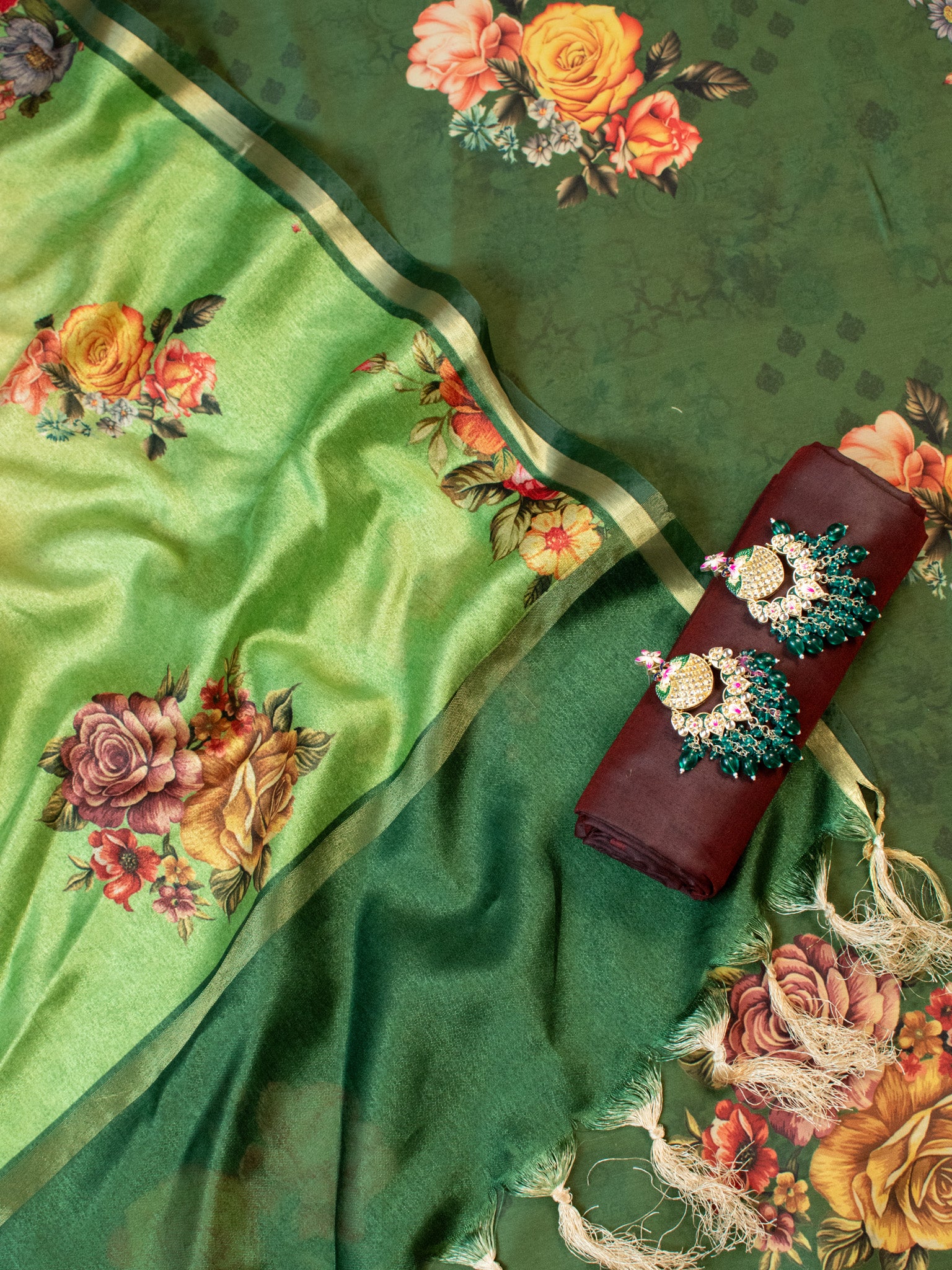 Banarasi Semi Silk Salwar Kameez Fabric With Floral Printed Dupatta-Green