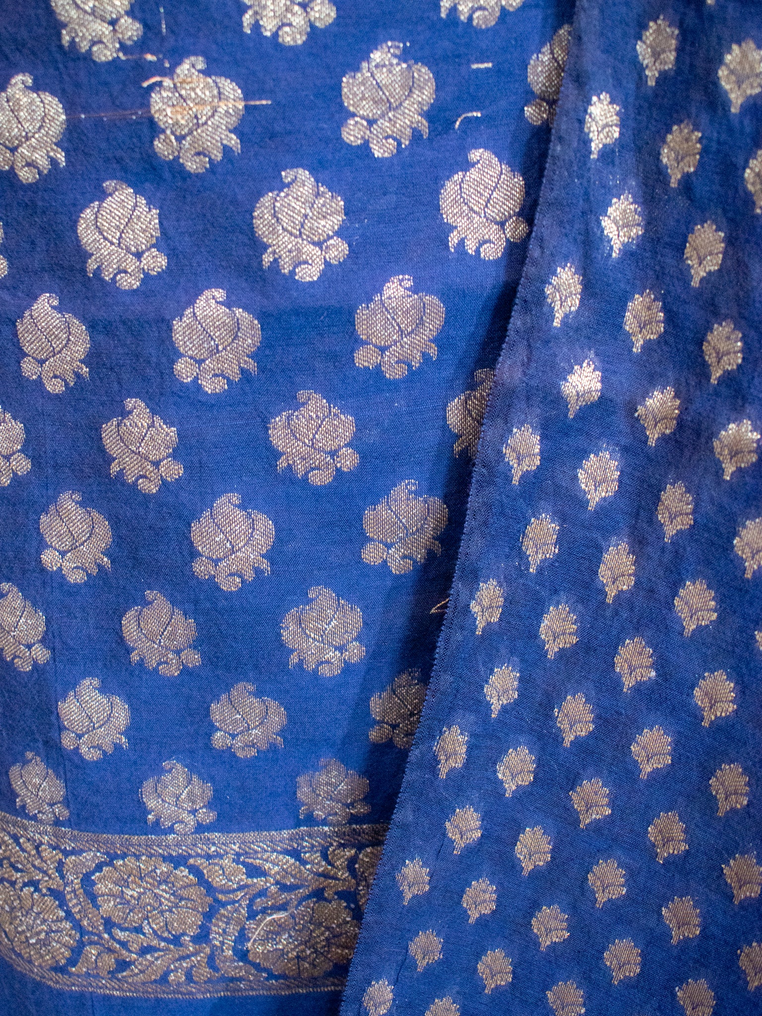 Banarasi Cotton Silk Salwar Kameez With Buti Weaving & Dupatta- Navy Blue