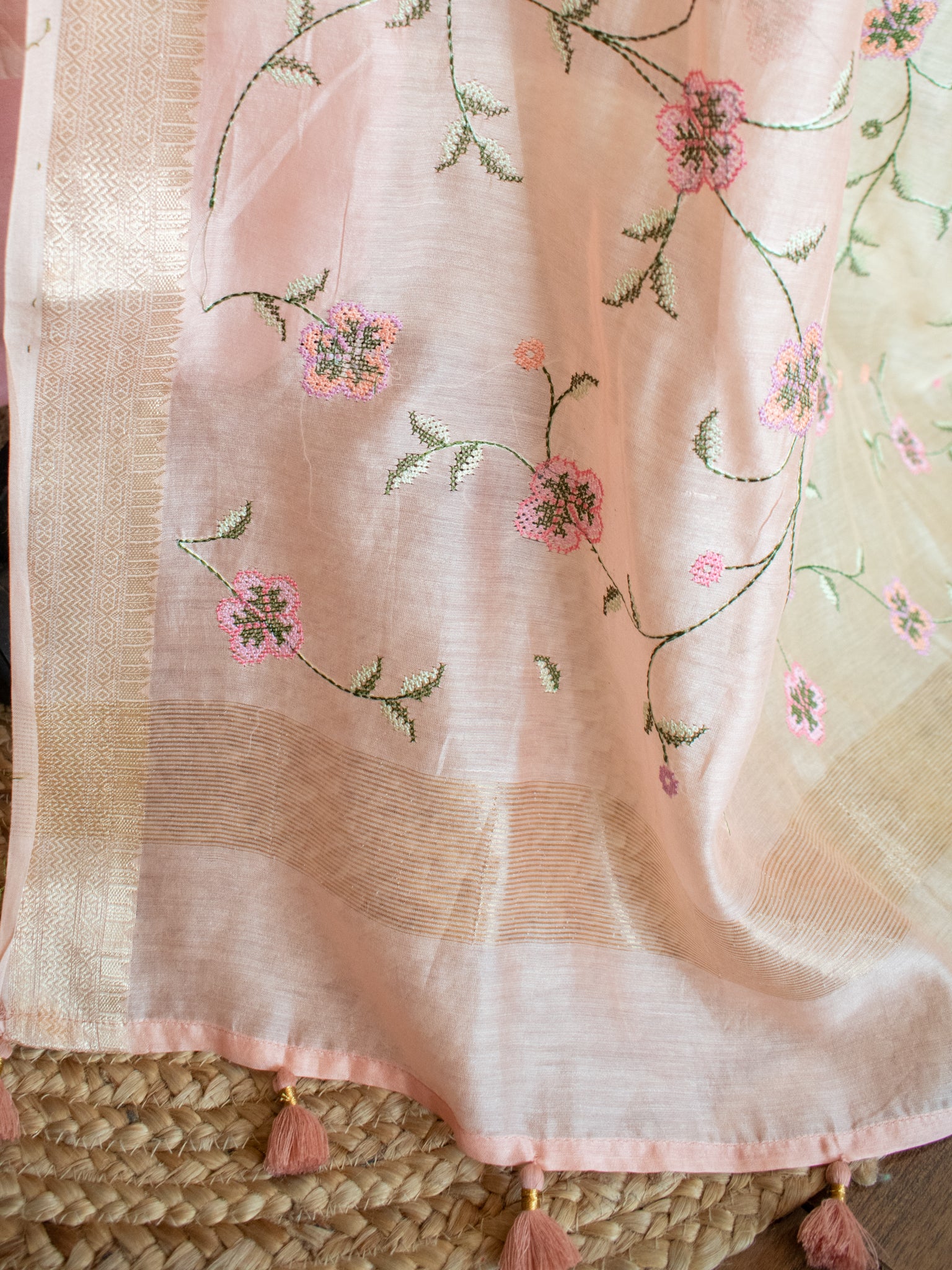 Banarasi Pure Chanderi Salwar Kameez Fabric With Embroidered Dupatta-Peach