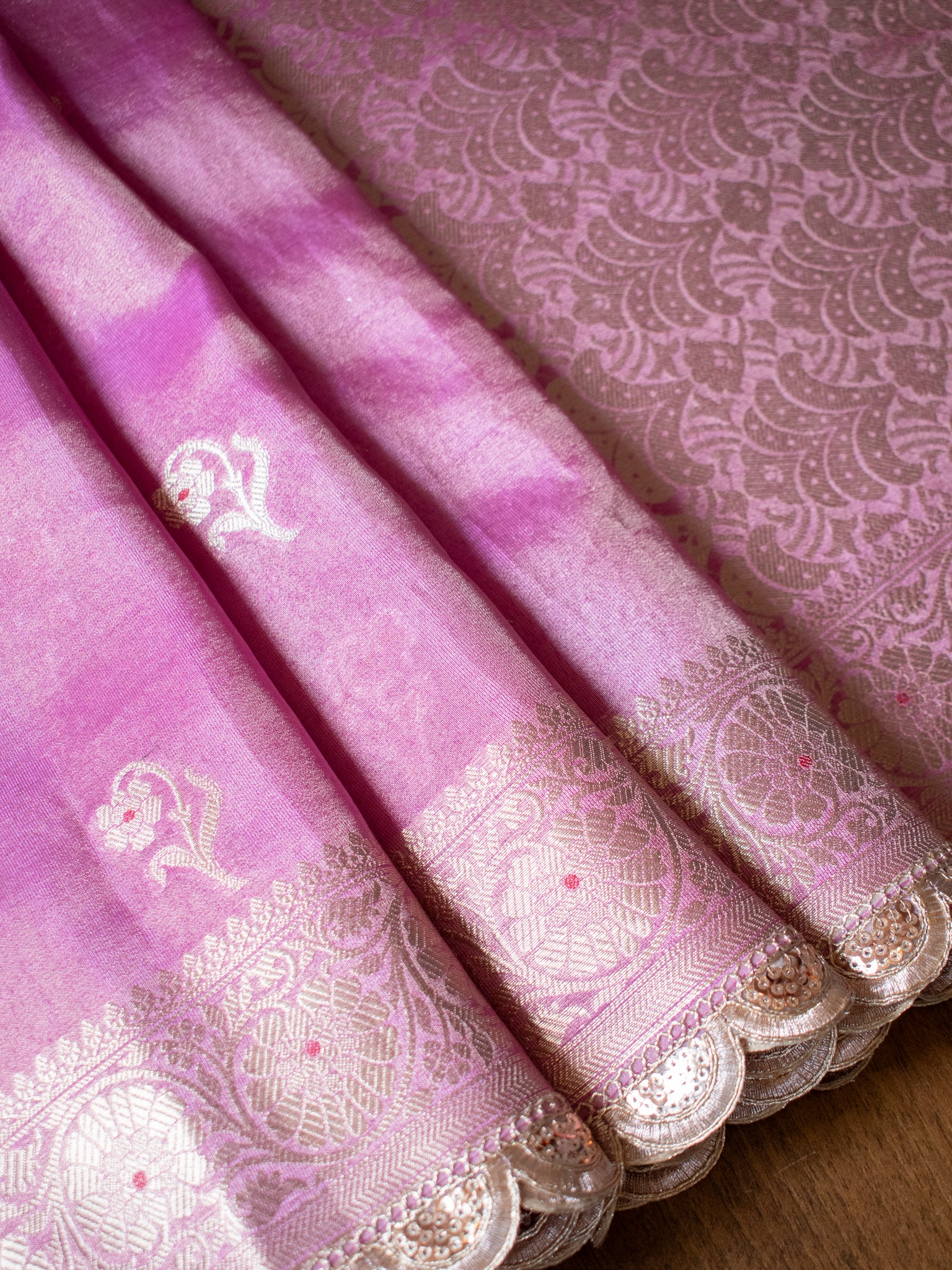 Banarasi Tissue Saree With Zari Weaving & Lace Border- Lavender