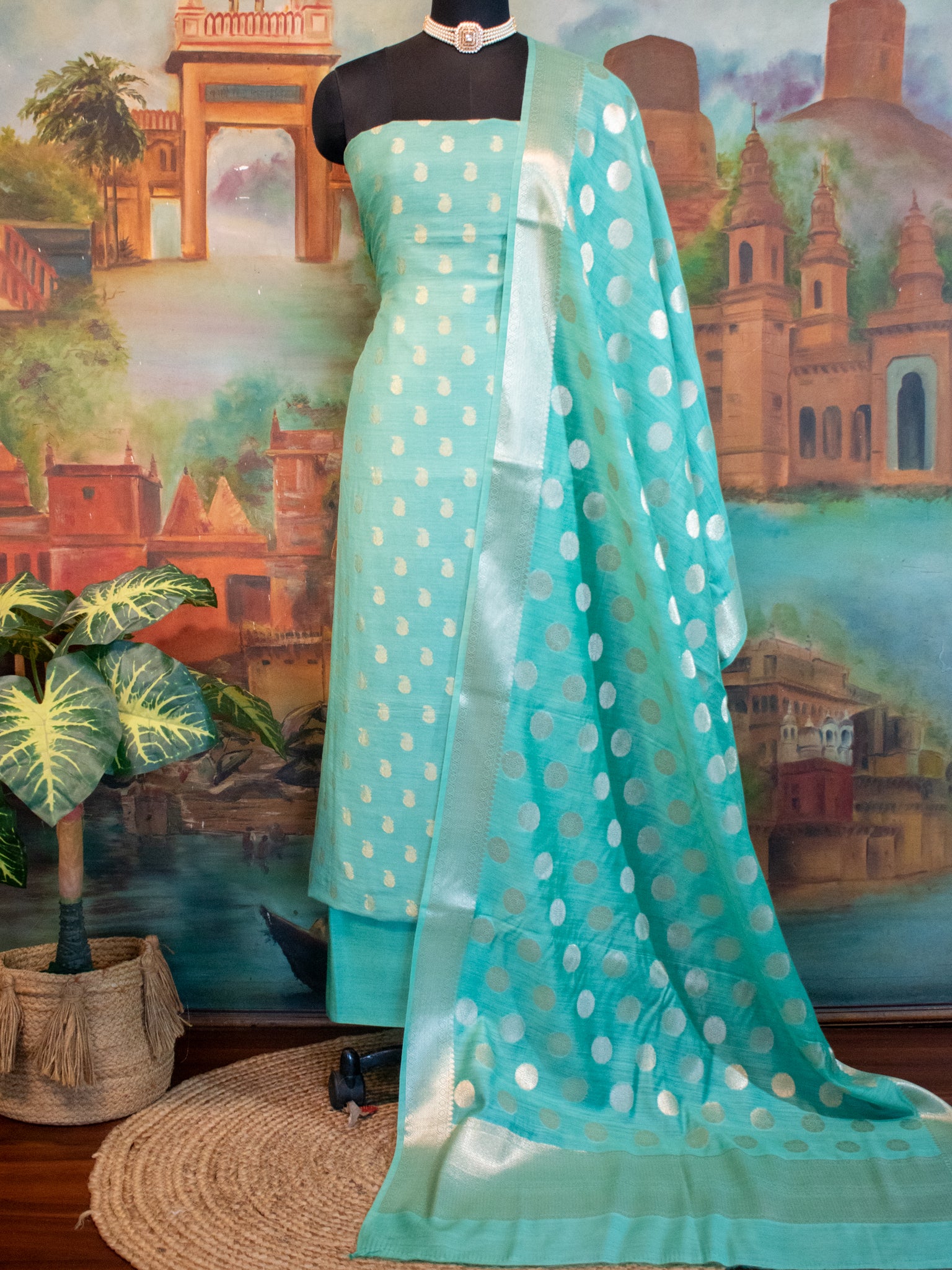 Banarasi Pure Muga Silk Salwar Kameez- Teal