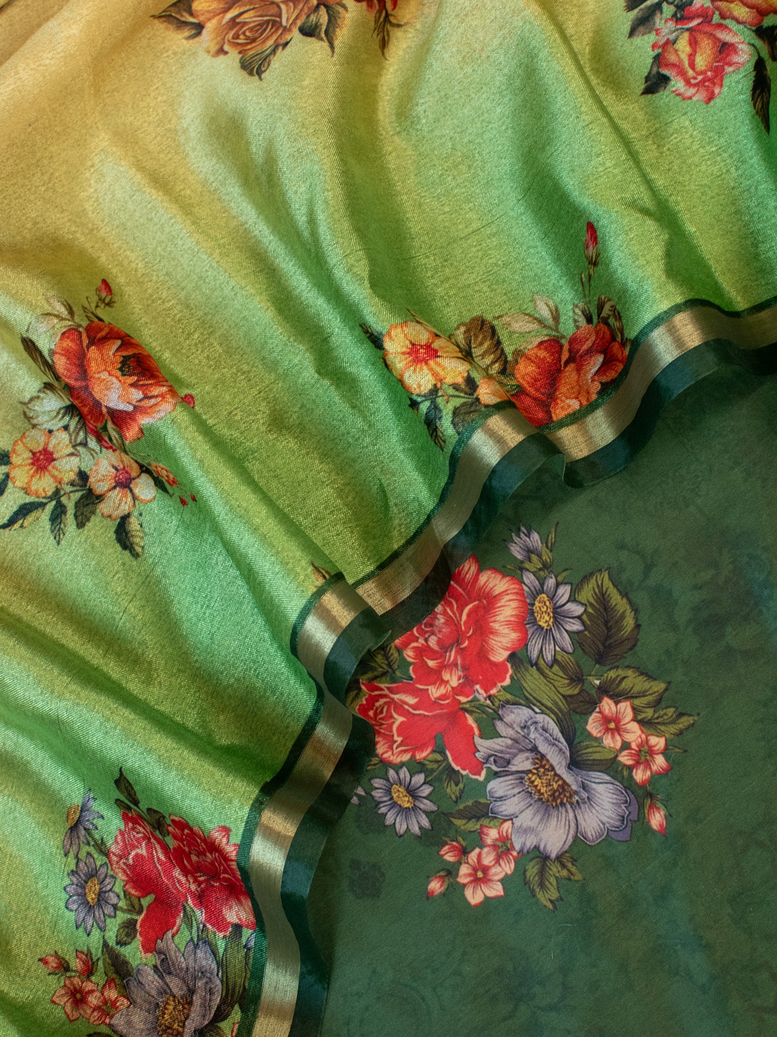 Banarasi Semi Silk Salwar Kameez Fabric With Floral Printed Dupatta-Green