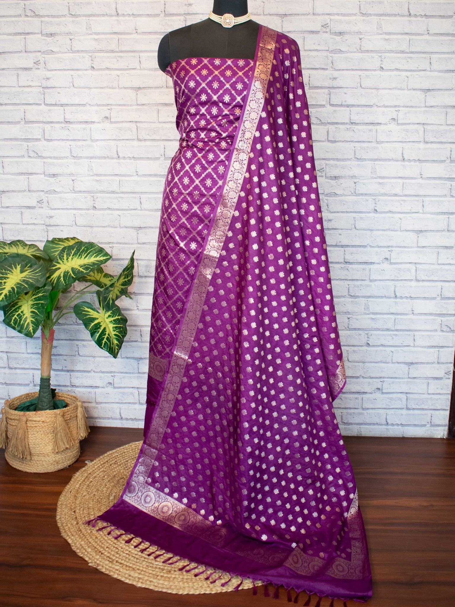 Banarasi Semi Katan Salwar Kameez Fabric With Dupatta- Purple