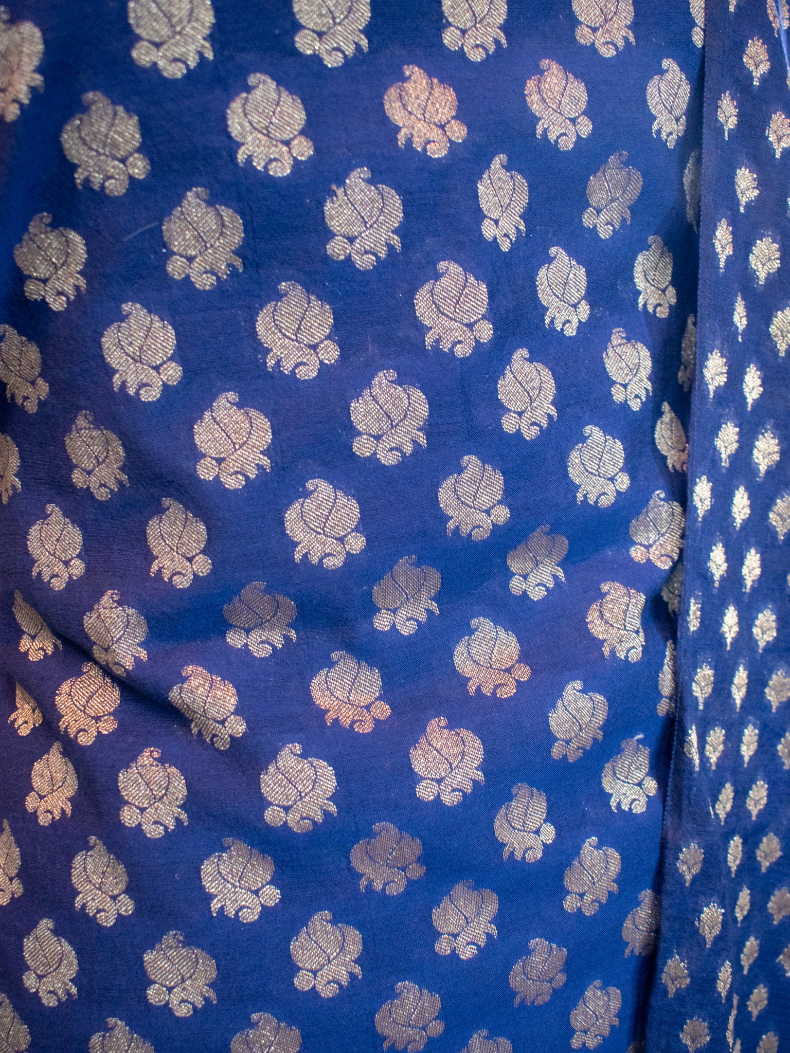 Banarasi Cotton Silk Salwar Kameez With Buti Weaving & Dupatta- Navy Blue