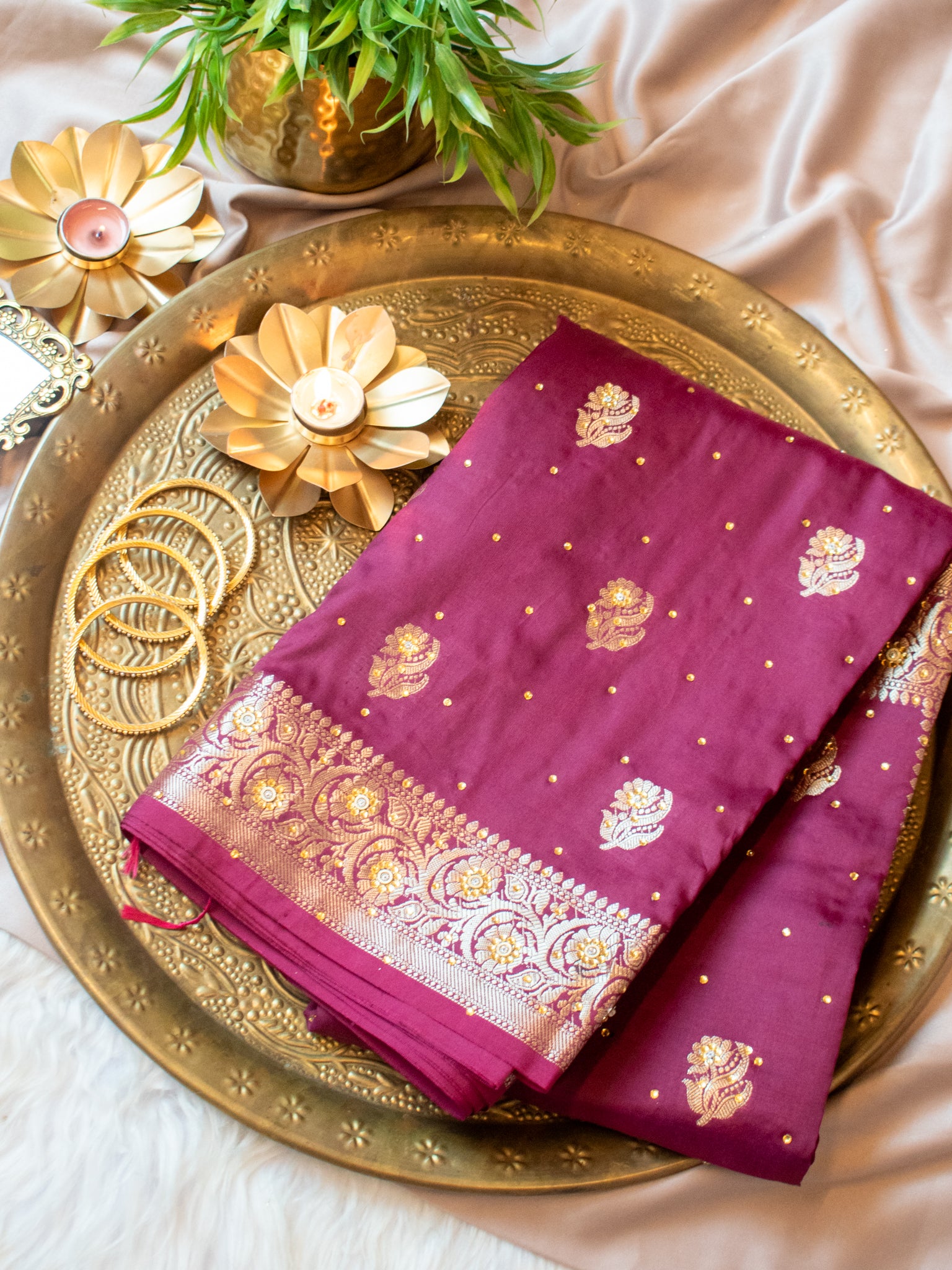 Banarasi Semi Silk Saree With Zari Border - Wine