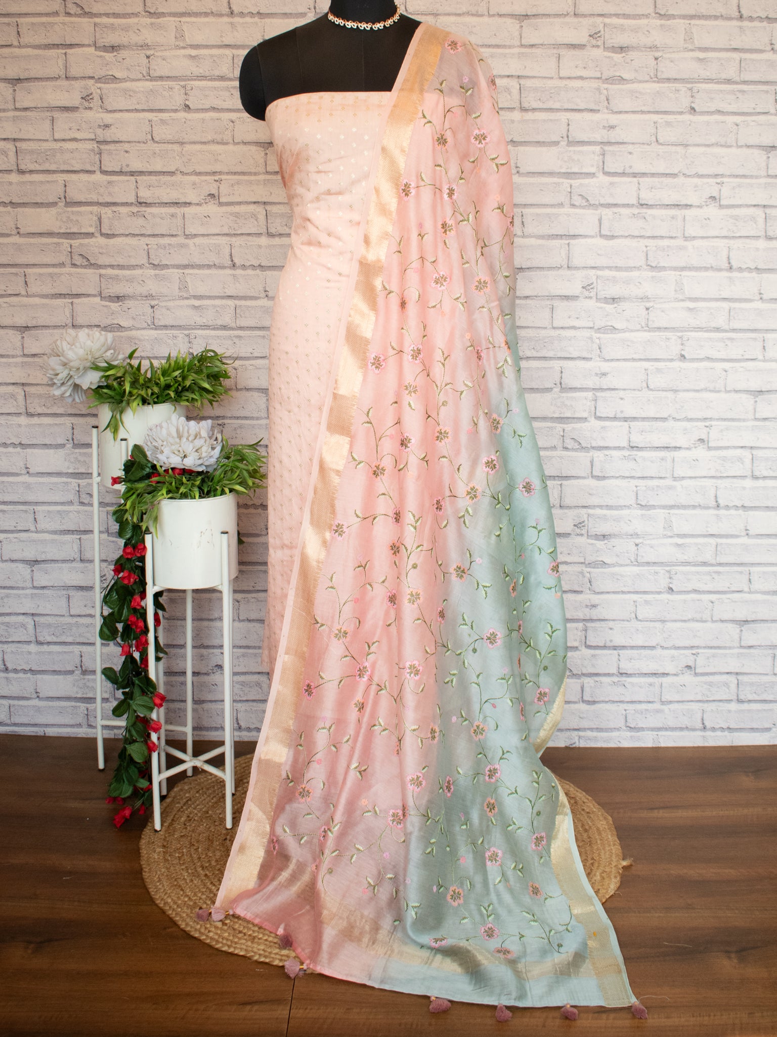 Banarasi Pure Chanderi Salwar Kameez Fabric With Embroidered Dupatta-Pink