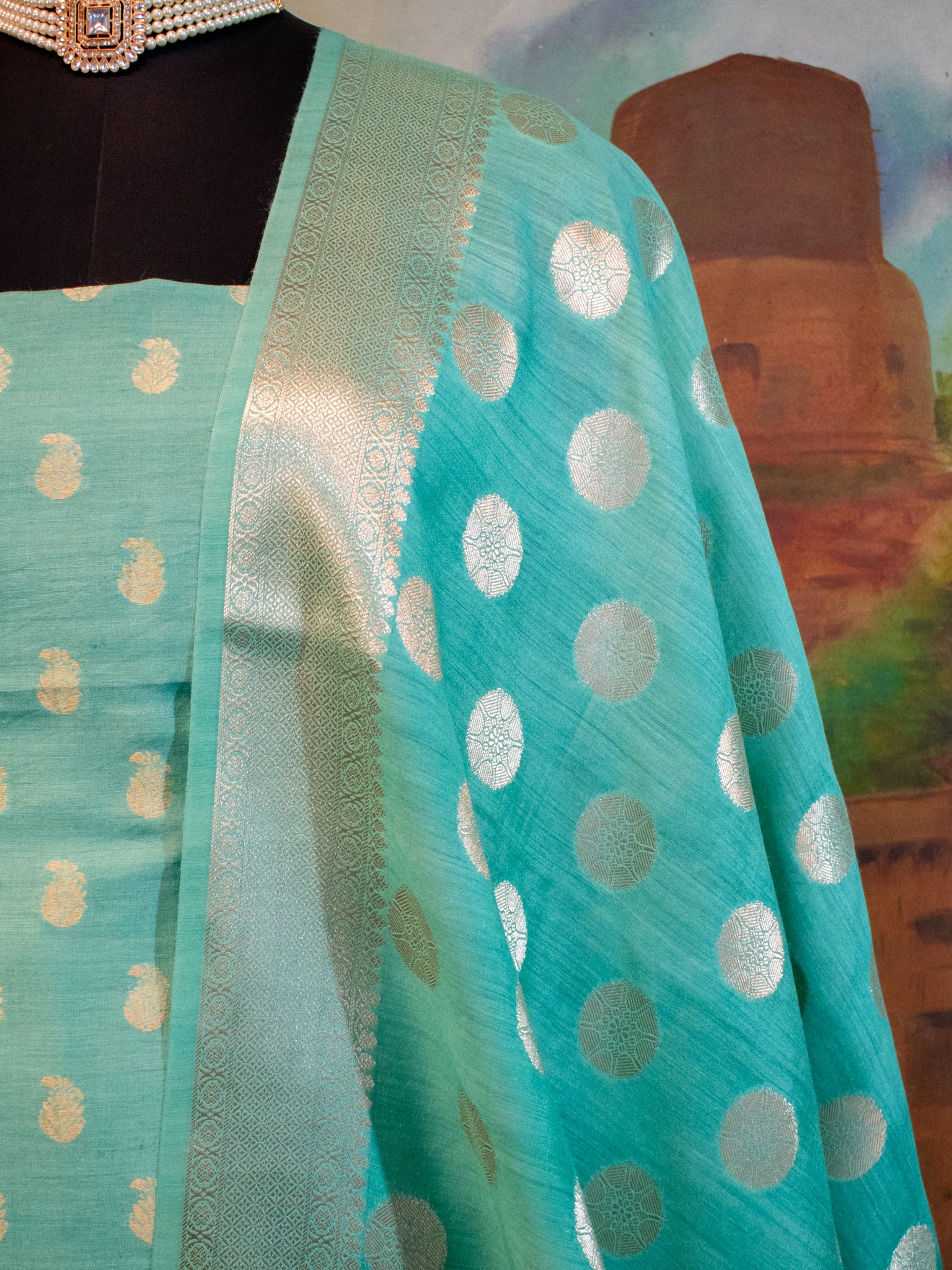 Banarasi Pure Muga Silk Salwar Kameez- Teal