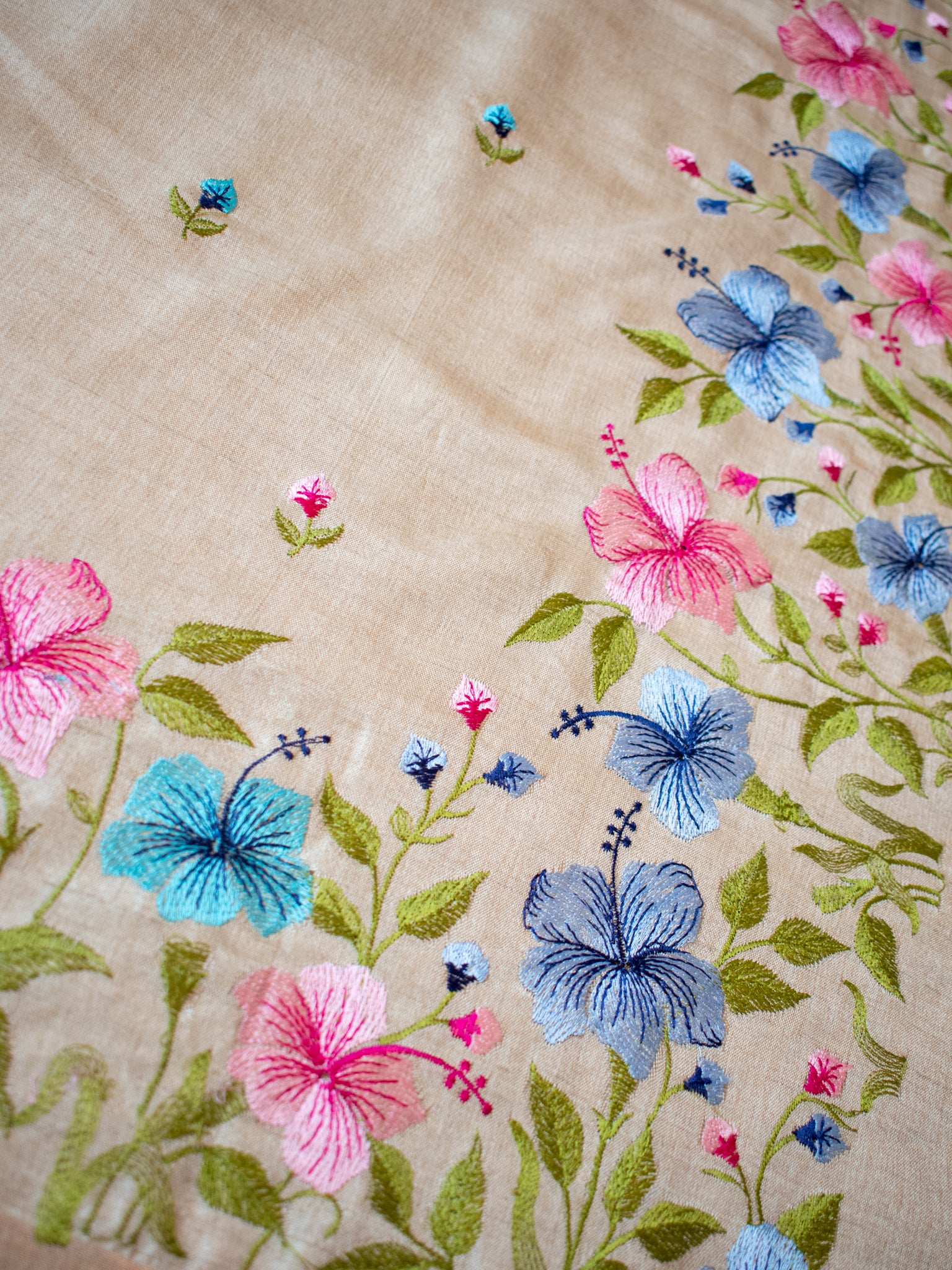 Floral Embroidered Tassar Silk Saree- Beige