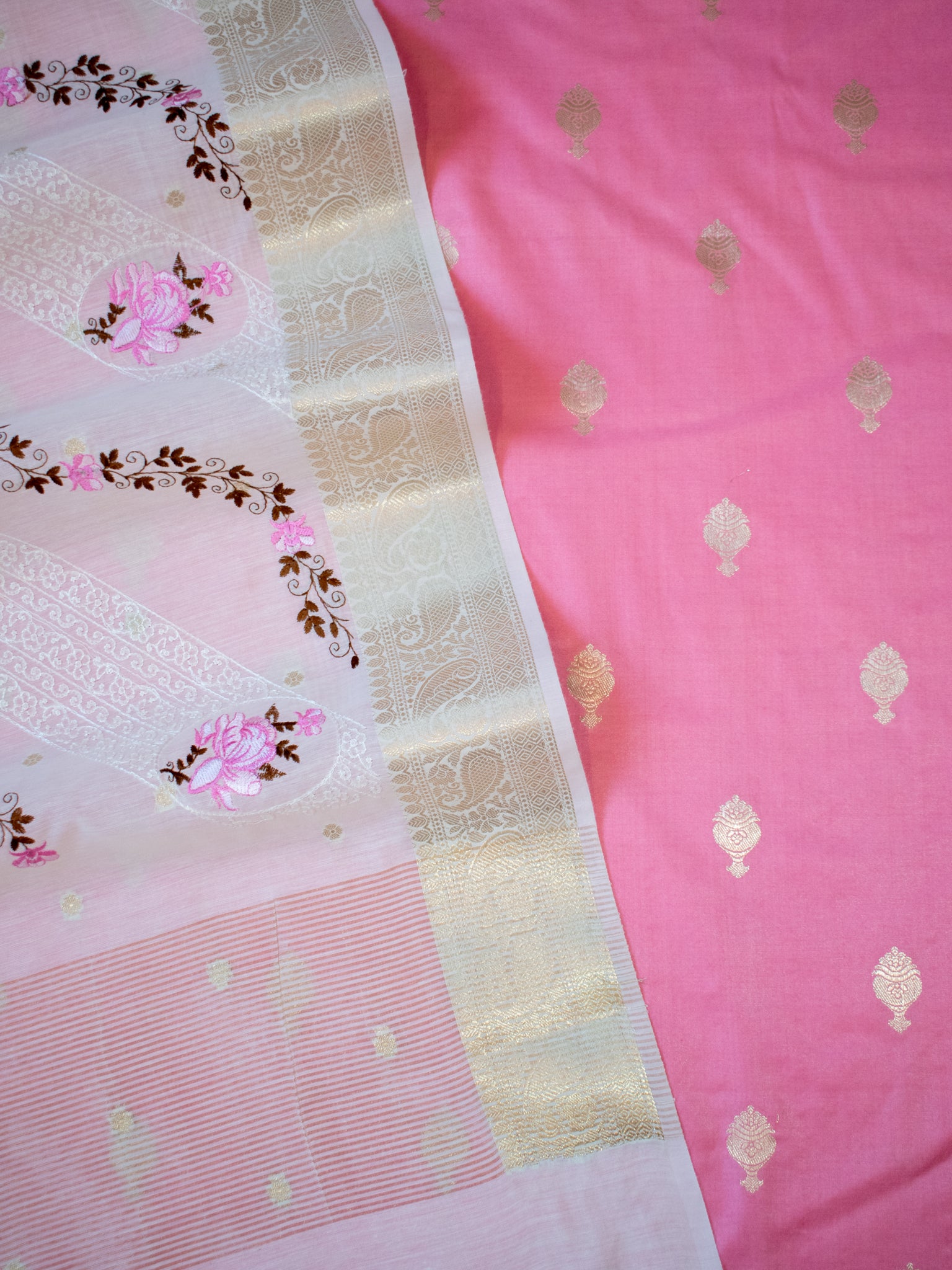 Banarasi Cotton Silk Salwar Kameez with Contrast Dupatta- Pink