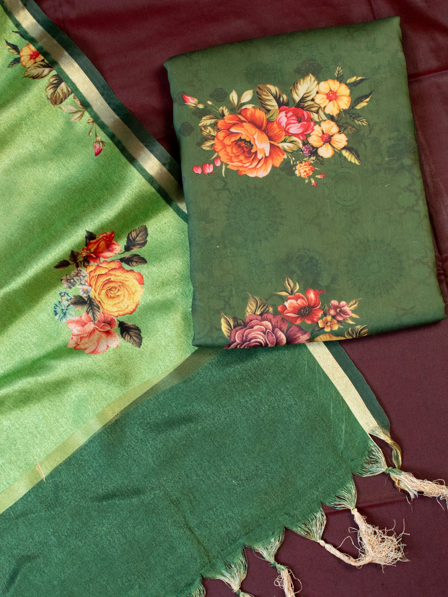 Banarasi Semi Silk Salwar Kameez Fabric With Floral Printed Dupatta-Green
