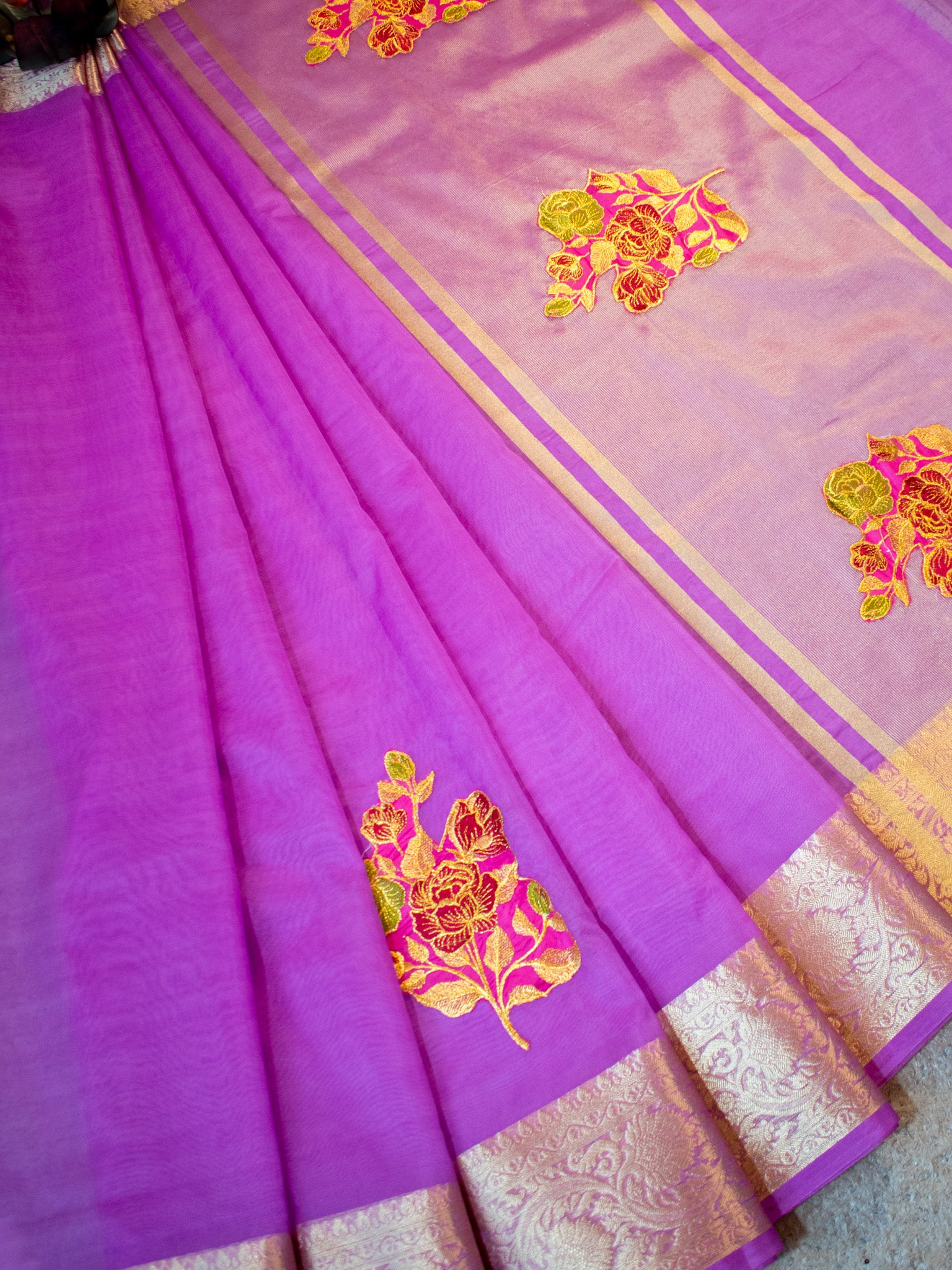 Banarasi Organza Saree With Zari Border-Lavender