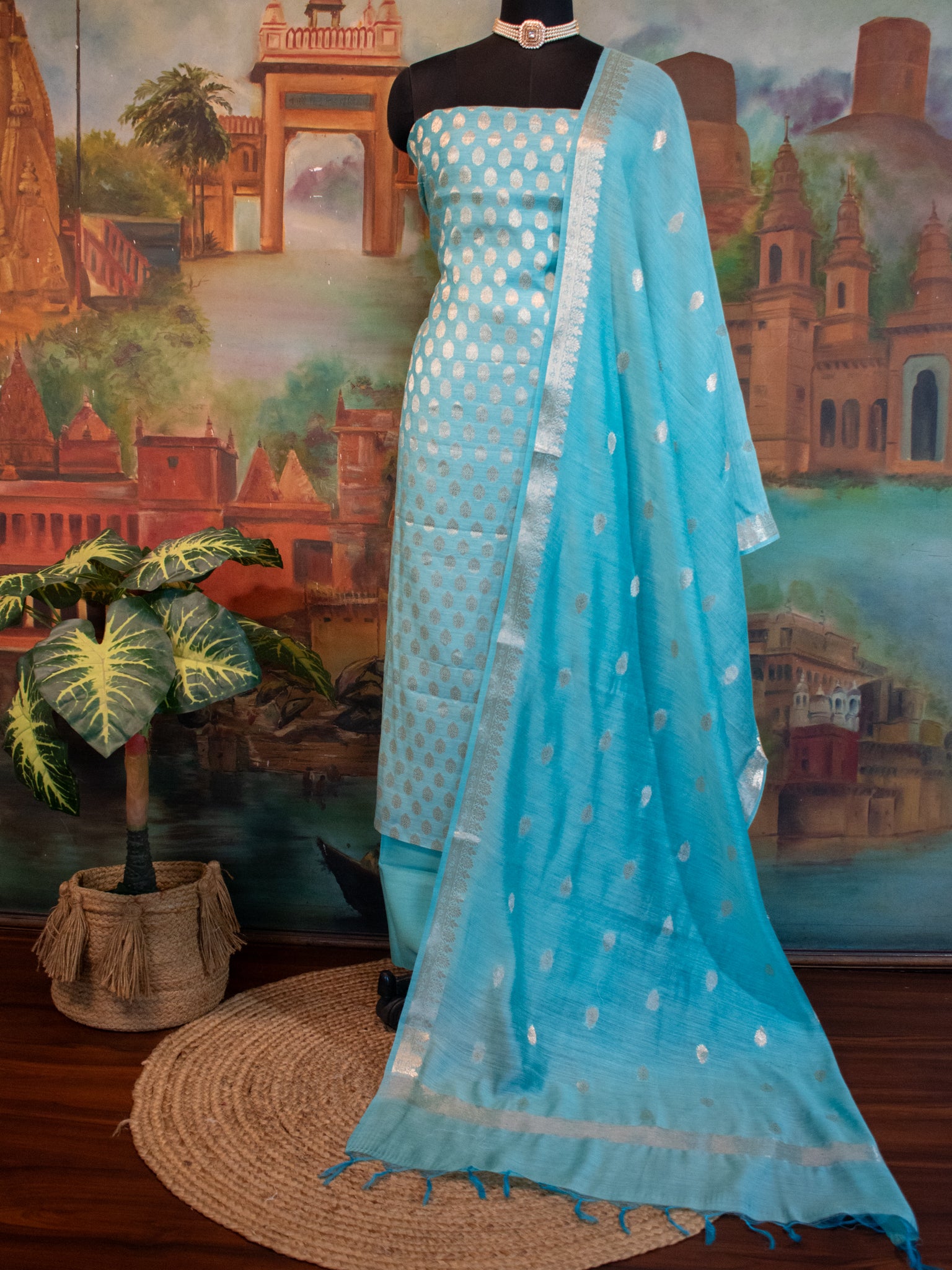 Banarasi Pure Muga Silk Salwar Kameez- Teal
