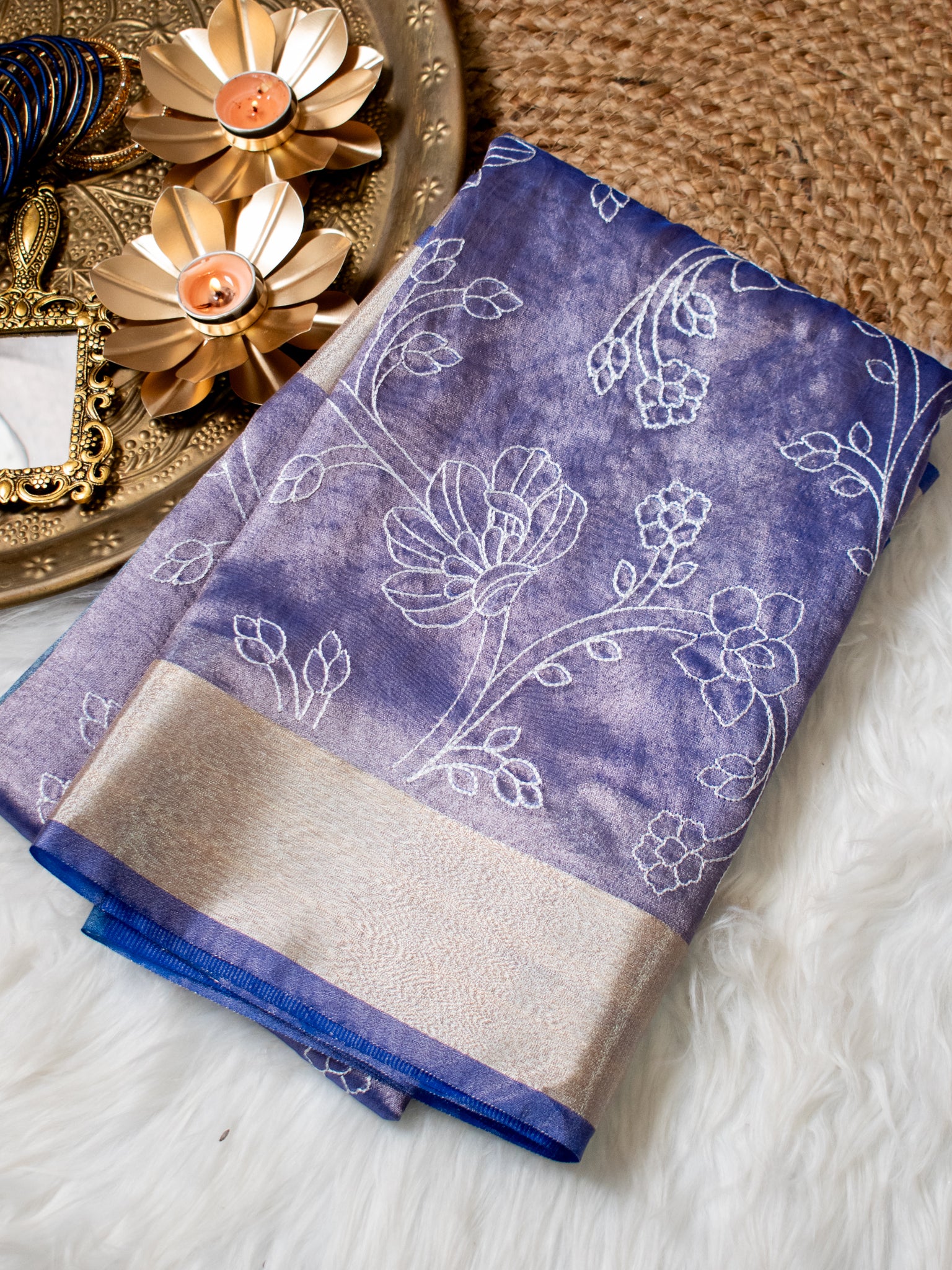 Banarasi Tissue Embroidered Saree With Weaving & Border- Blue