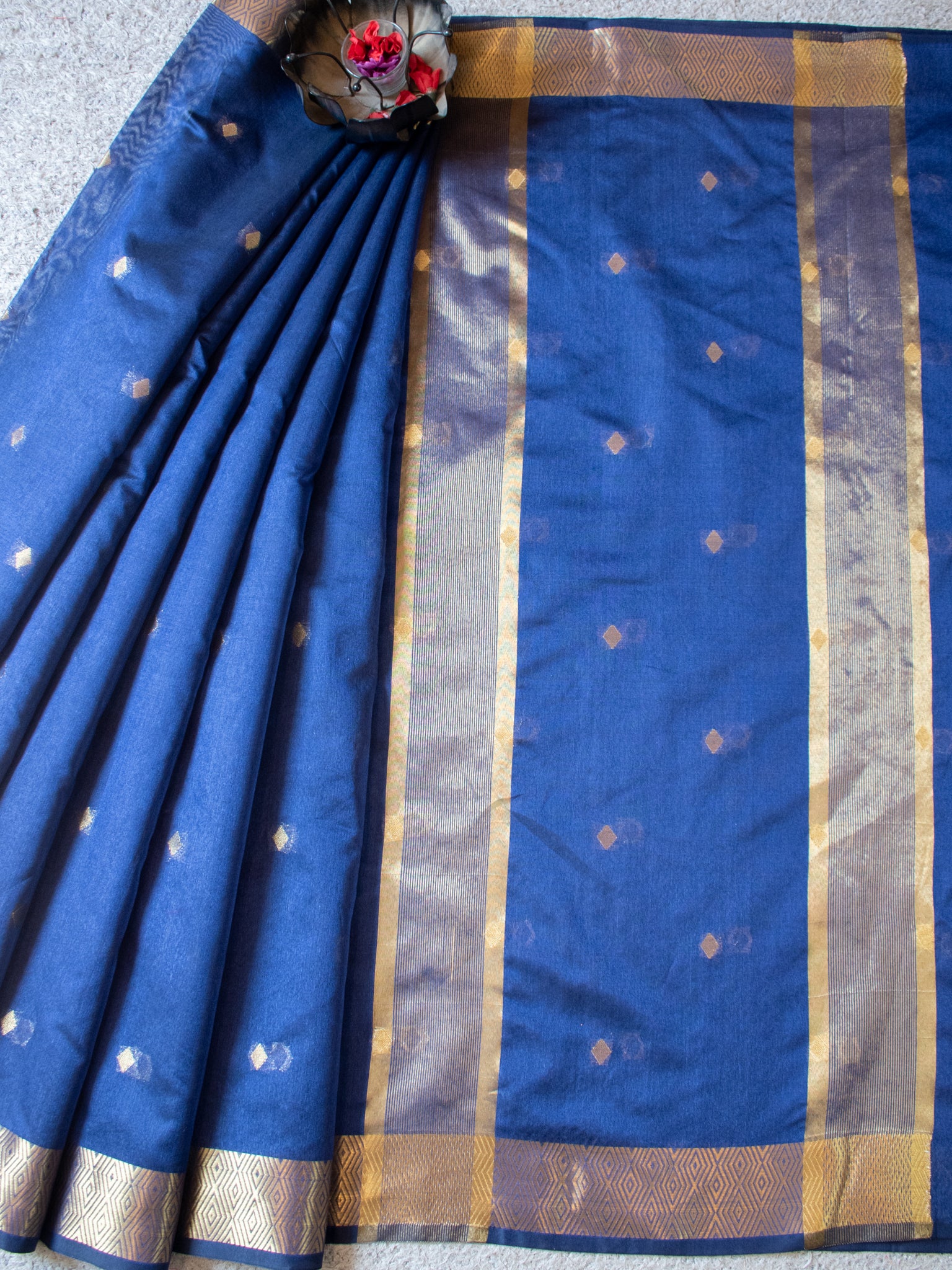 Banarasi Organza Mix Saree with Golden Weaving & Border- Navy Blue