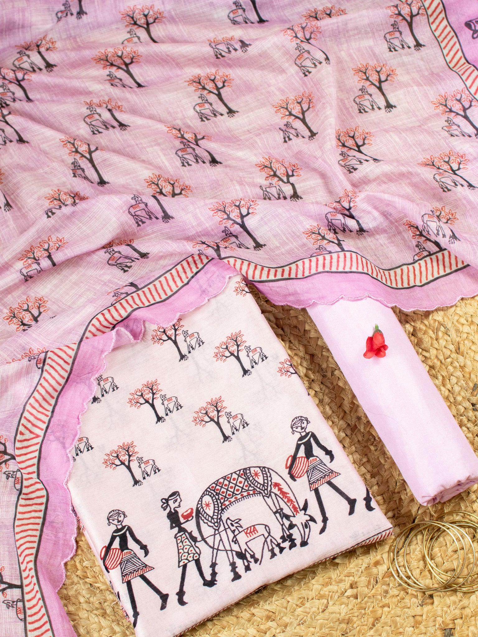 Banarasi Soft Cotton Salwar Kameez Fabric With Dupatta- Pink