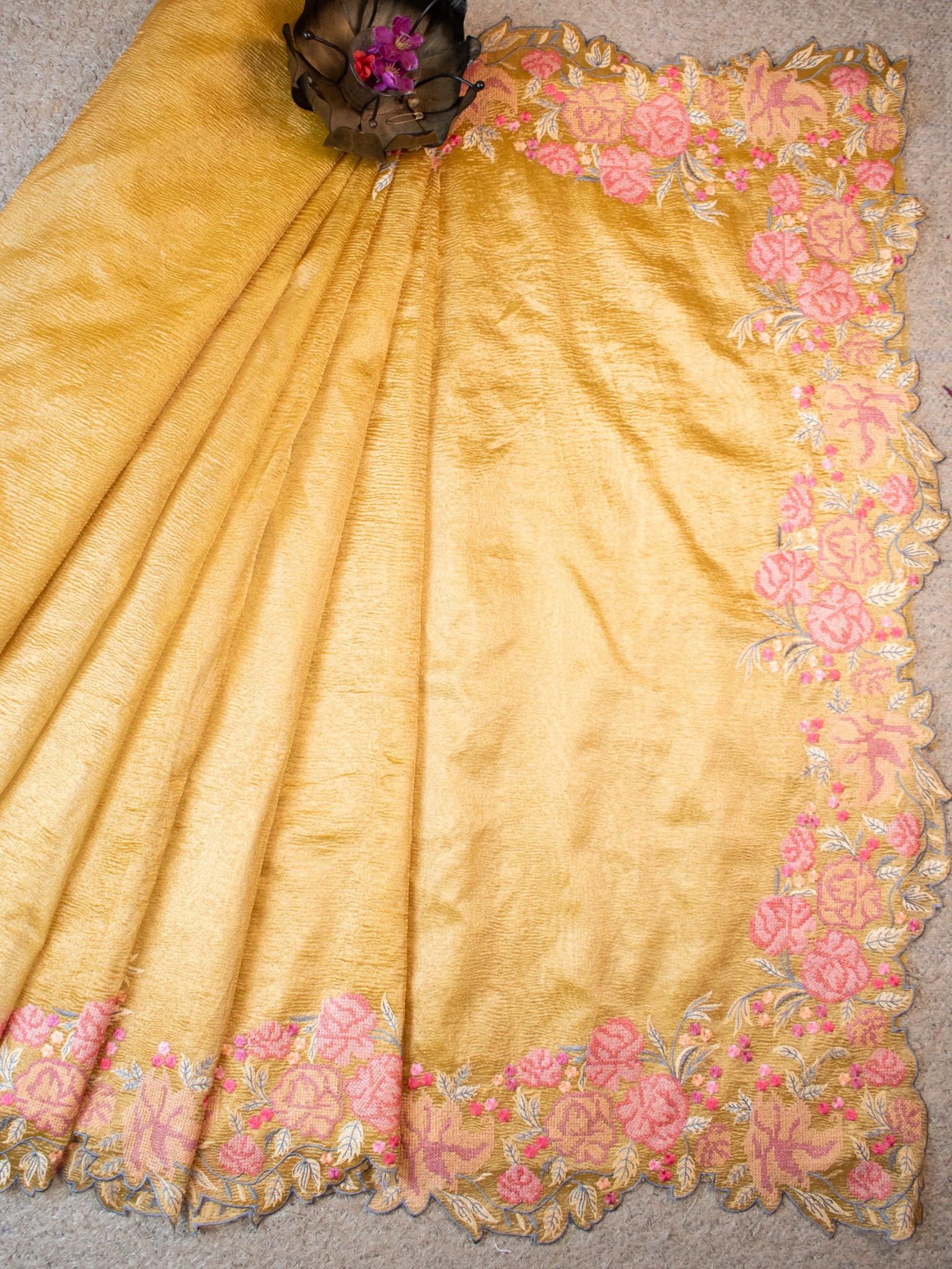 Banarasi Crushed Tissue Saree With Embroidered Border-Yellow