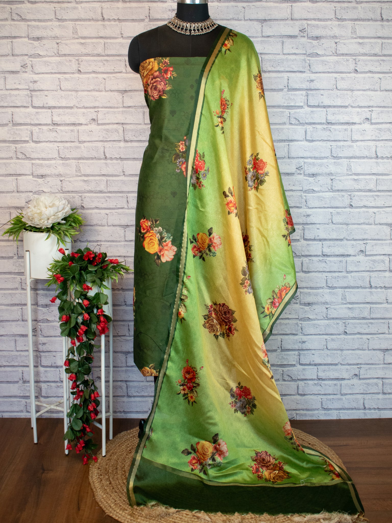 Banarasi Semi Silk Salwar Kameez Fabric With Floral Printed Dupatta-Green