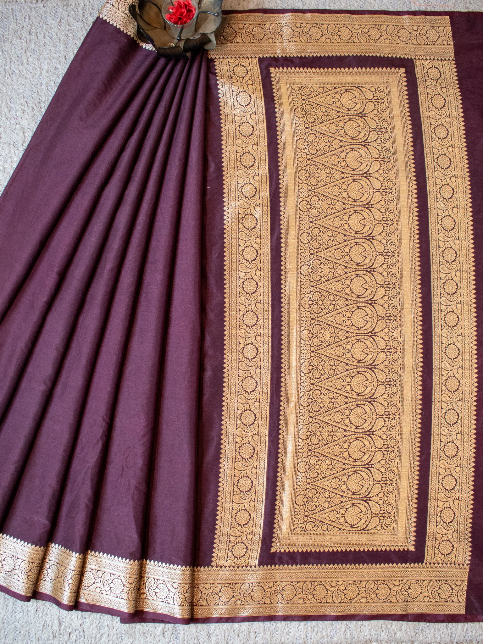 Banarasi Semi Silk Plain Saree With Weaving & Border- Wine