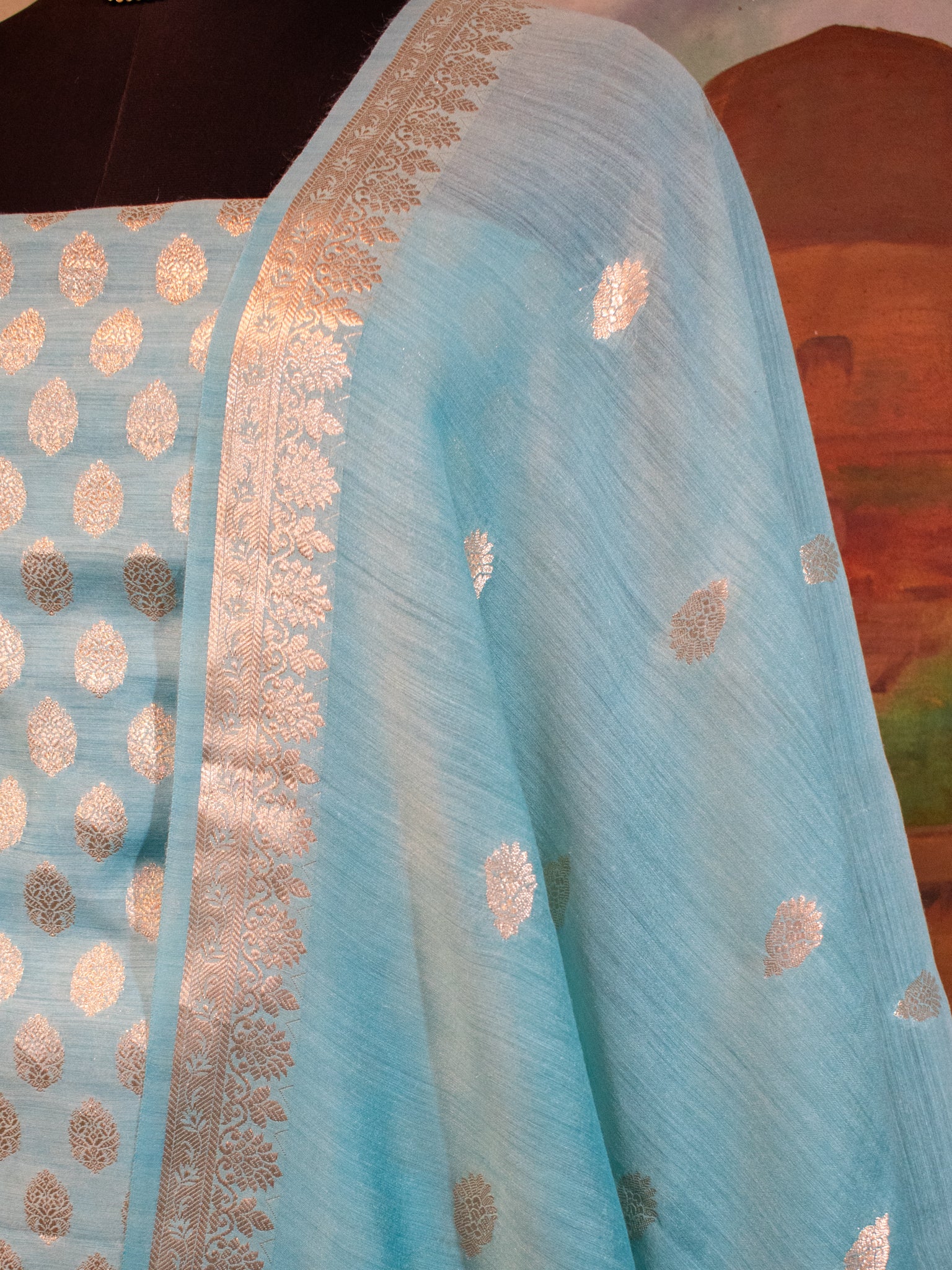 Banarasi Pure Muga Silk Salwar Kameez- Teal