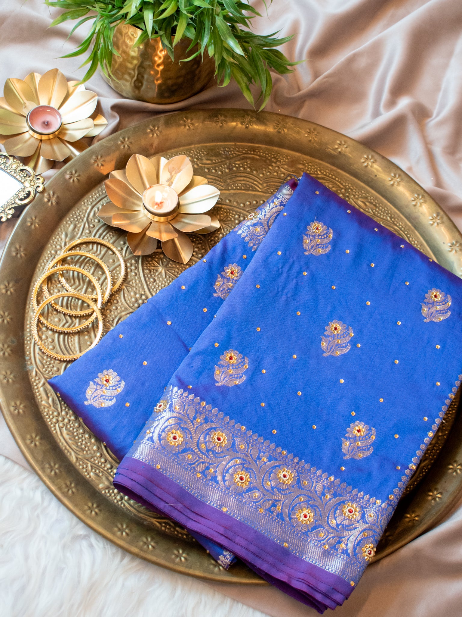 Banarasi Semi Silk Saree With Zari Border - Blue