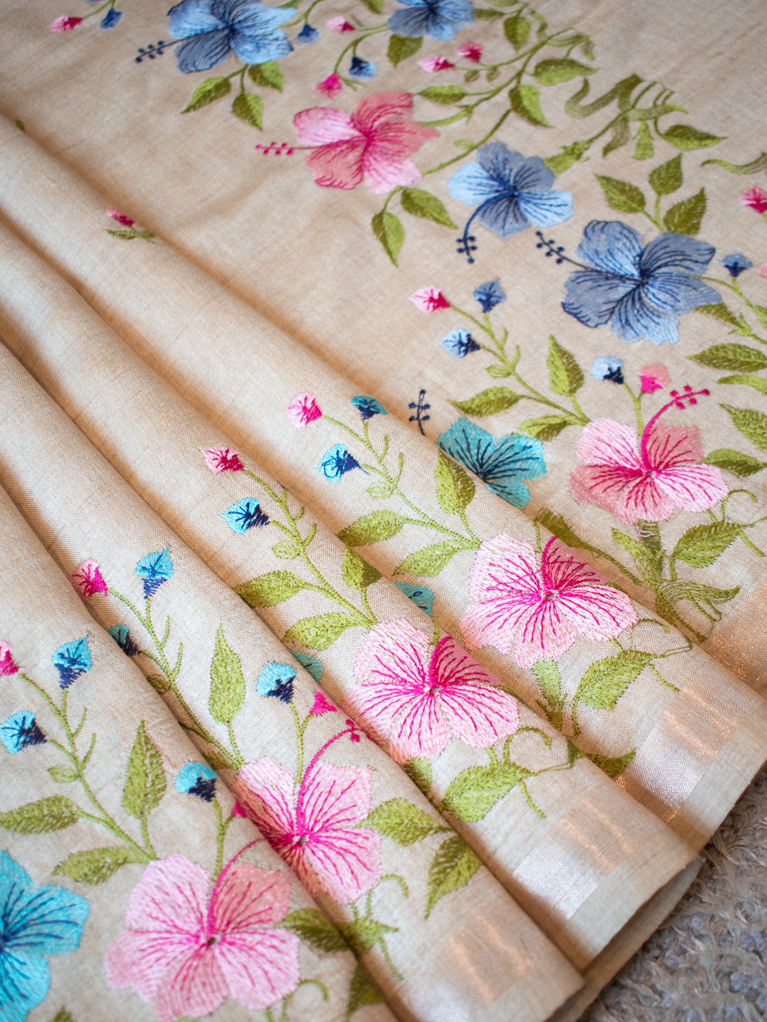 Floral Embroidered Tassar Silk Saree- Beige