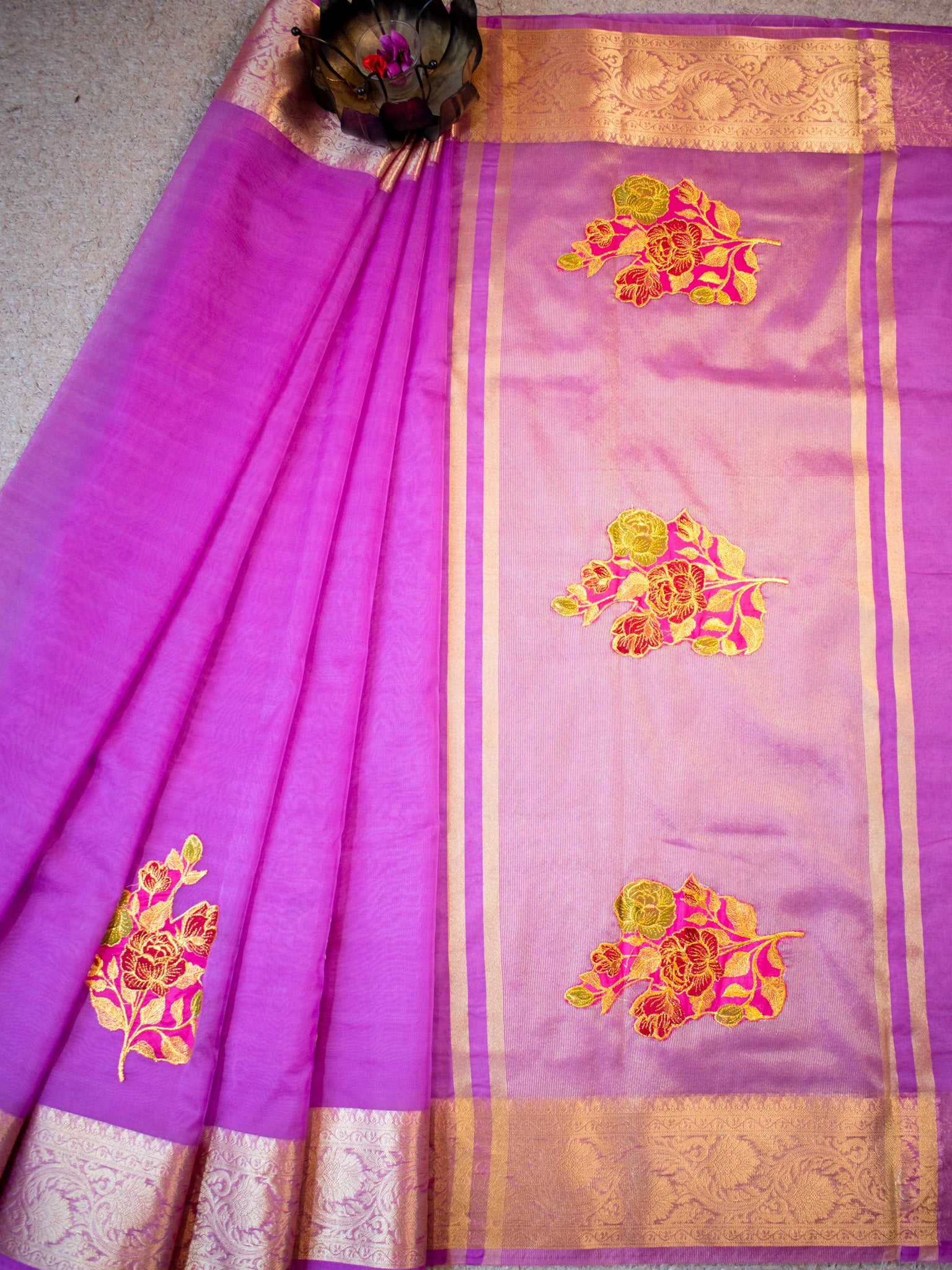 Banarasi Organza Saree With Zari Border-Lavender