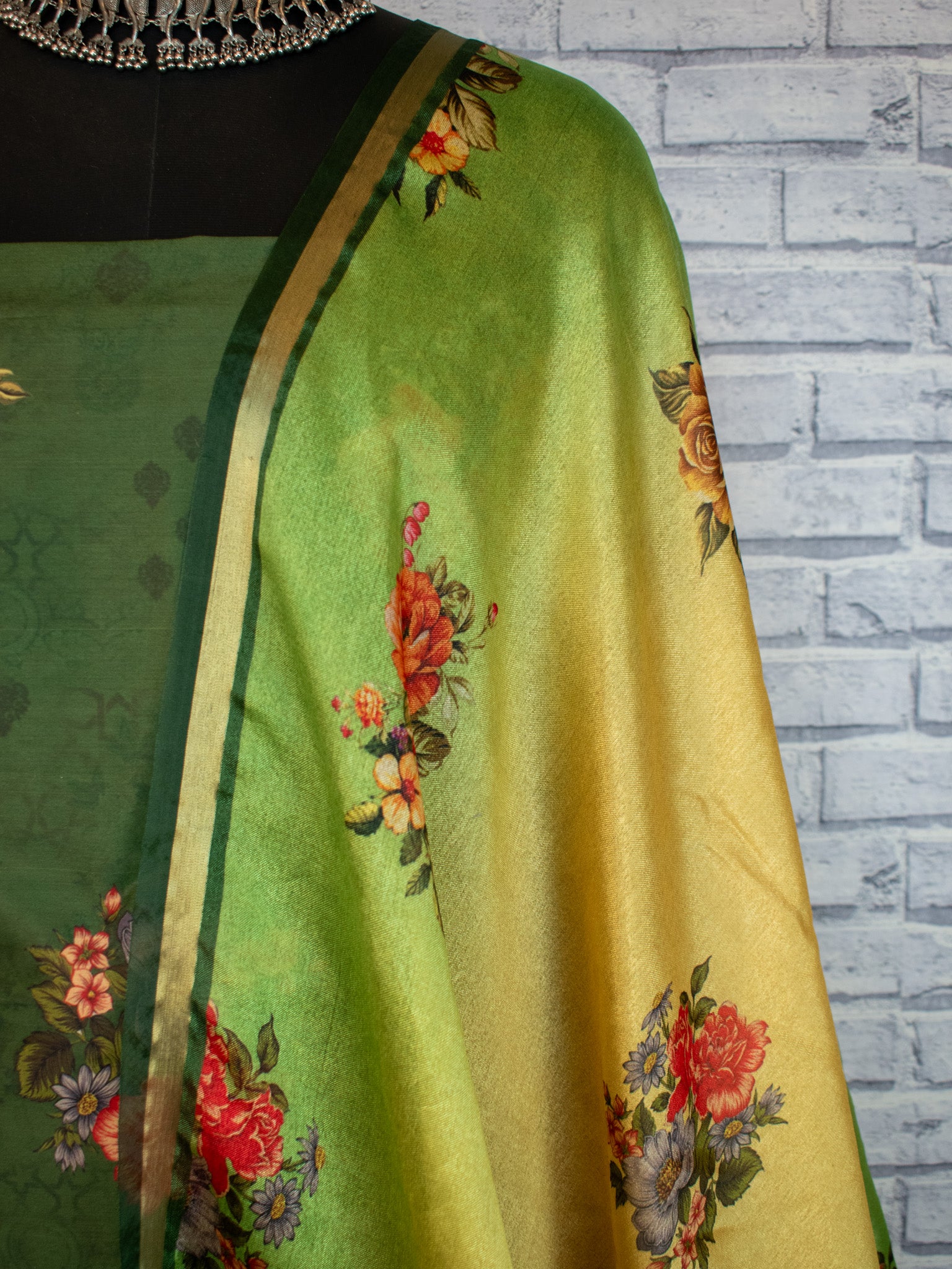 Banarasi Semi Silk Salwar Kameez Fabric With Floral Printed Dupatta-Green