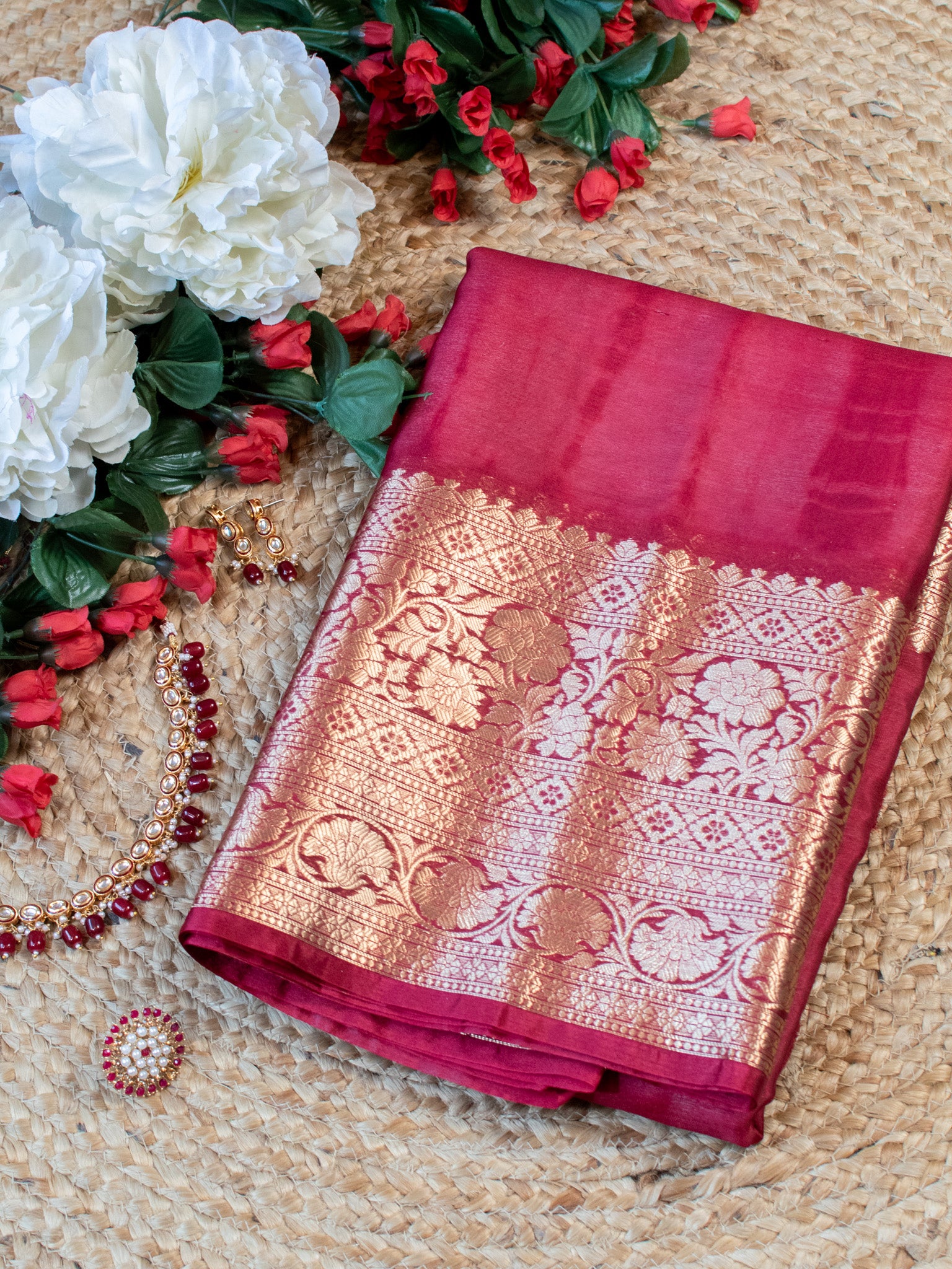 Banarasi Shibori Dyed Cotton Silk Saree With Zari Border-Red