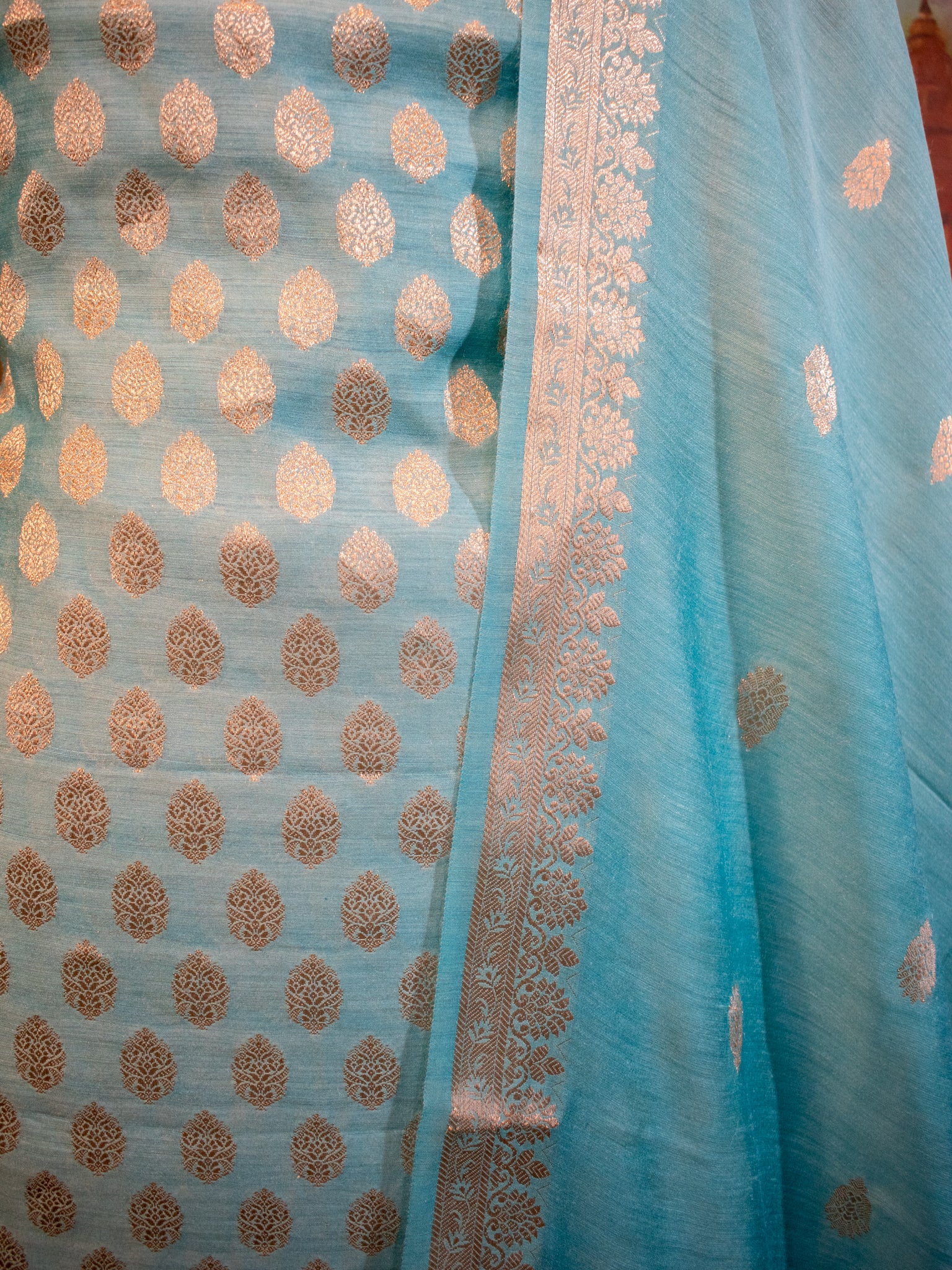Banarasi Pure Muga Silk Salwar Kameez- Teal
