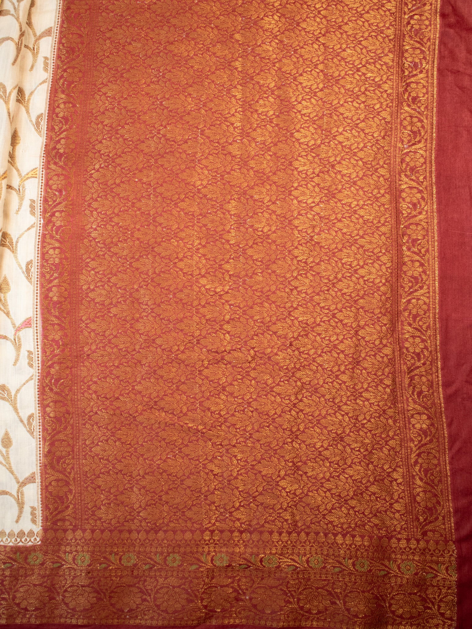 Banarasi Handwoven Pure Muga Silk Saree With Antique Resham Border- Off White